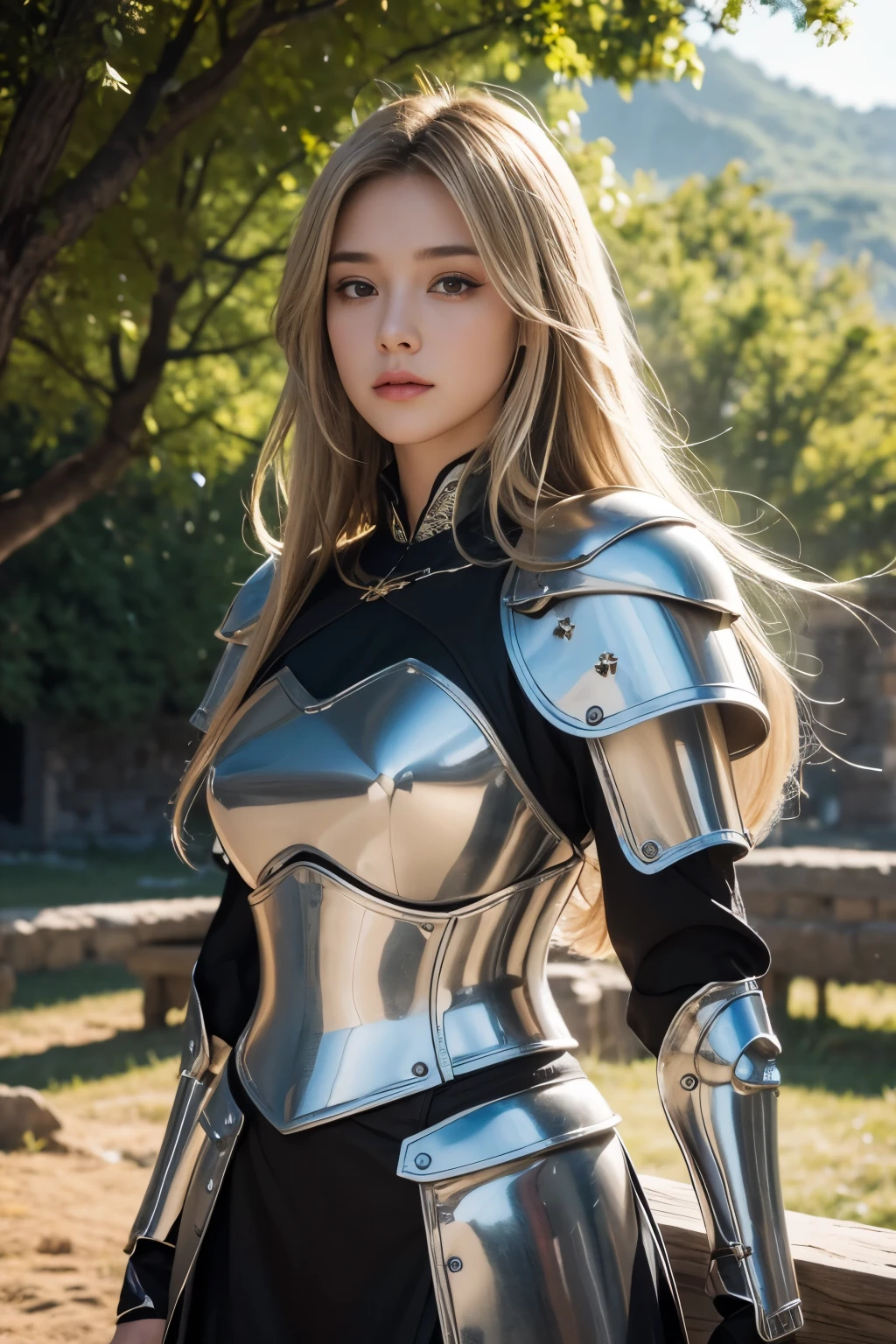 realistic lighting, top quality, 8K resolution, (masterpiece: 1.3), (clear focus: 1.2), 1 girl, delicate face, large double eyelids, sensuous expression, long blonde hair, knight, Armor, Long knives, Magic, Out, (date: 1.1), 1080p, hyper hd, group, very detailed, best quality, high detail, best quality, (cowboy_shot) , medieval castle background,