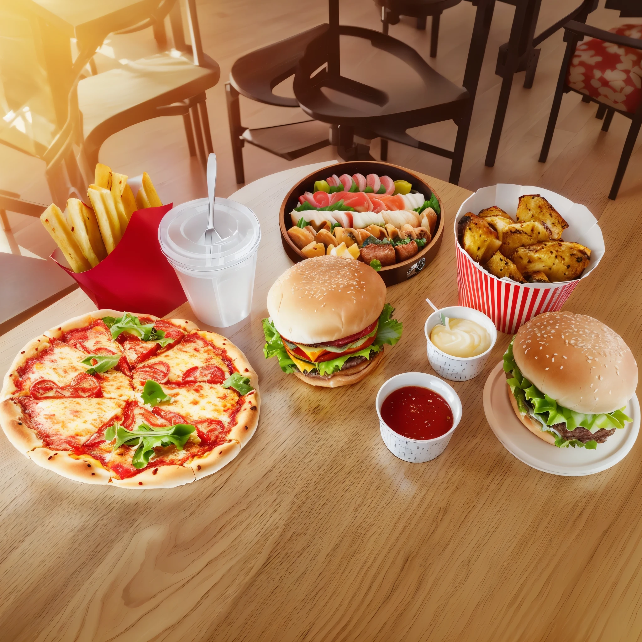 Delicious-looking burgers、There are various kinds of dishes on the table.々There are many foods、There is also pizza, Ultra-realistic Japanese sushi、Hyperrealistic Food Photography, Pizza on the table, food commercial 4k, the table is full of food, Fast food, Fast food review, Diner Food, Highly realistic 3D rendering, Ultra-realistic detailed rendering, Photo-realistic style, Photorealistic 3D rendering, Photorealistic 3D rendering, Highly detailed configuration
