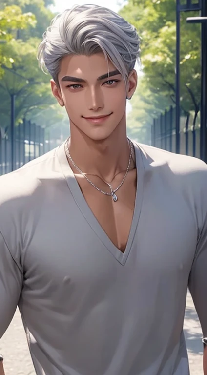 1 boy,Handsome,tall and strong,perfect male figure, eyes looking at camera, ((tanned skin)) by the park,silver hair,serious expression,necklace,Ray tracing. Smiling.