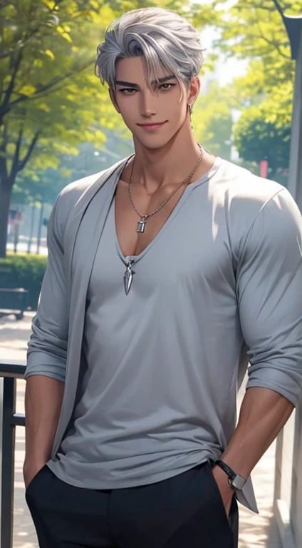 1 boy,Handsome,tall and strong,perfect male figure, eyes looking at camera, ((tanned skin)) by the park,silver hair,serious expression,necklace,Ray tracing. Smiling.