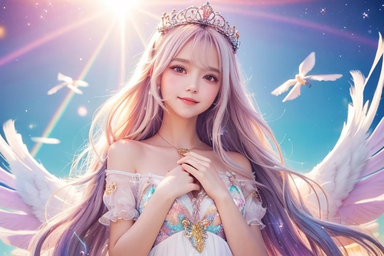 Use magic,Place your hand on your chest,tiara,Angel,ta,woman,Smile,Short sleeve,race,Lens flare,magical energy,healing,Sparkly Background,noon,summer,Light of the sun,Light background,Light blue sky,cute,Princess,clear,happiness,Angelの羽根,Fairy Wings,Silky shiny hair,Glossy Skin,Long Hair,Fairyland,Soft light,,dream,hope,Pop Art,pastel colour,Big Rainbow,Sparkling Eyes,fine,Non-Adult,High resolution,light peach-colored hair,Wavy Hair,Thin eyebrows,Fluffy Feathers,Many white feathers fluttering down