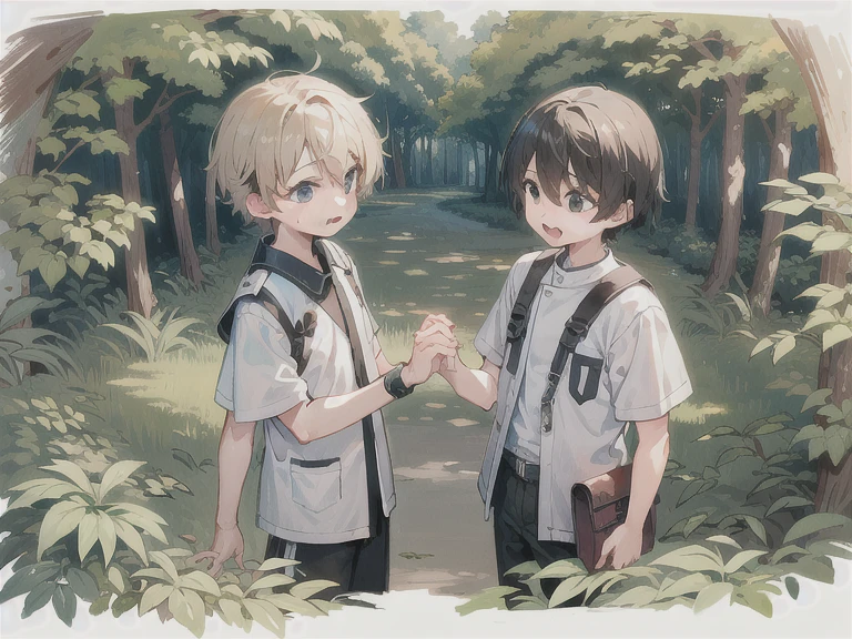 Two boys、、juvenile、brother and brother、Holding hands、in the forest、rough sketch，、8k、