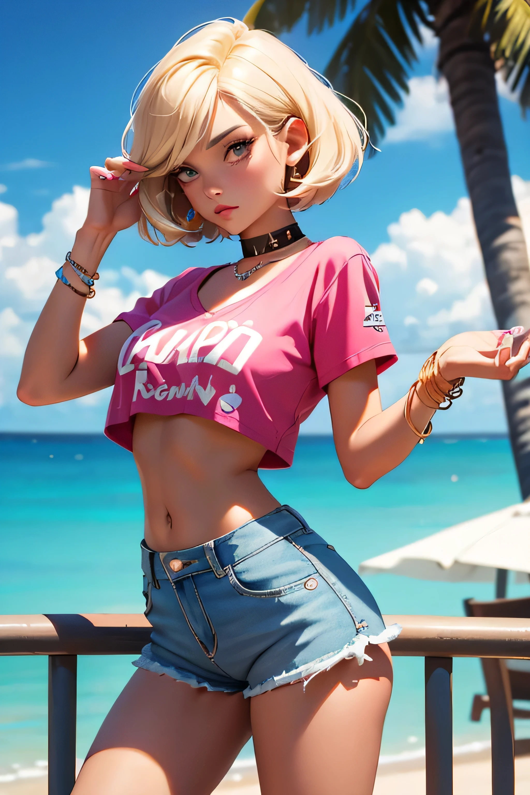 Teenage girl-model 18 years old, beautiful, blonde, bob hair, bangs, brown eyes, beautiful figure, girl wearing crop shirt and too short mini shorts, beautiful long legs, slave bracelets, slave choker, manicure, cute makeup, flirtatiously posing, hot summer, hot flirty, sexy posing, summer outfit, top quality, higest quality, pin-up style, retro 80s style, Daisy Dukes style, slave girl, Miami vibes,