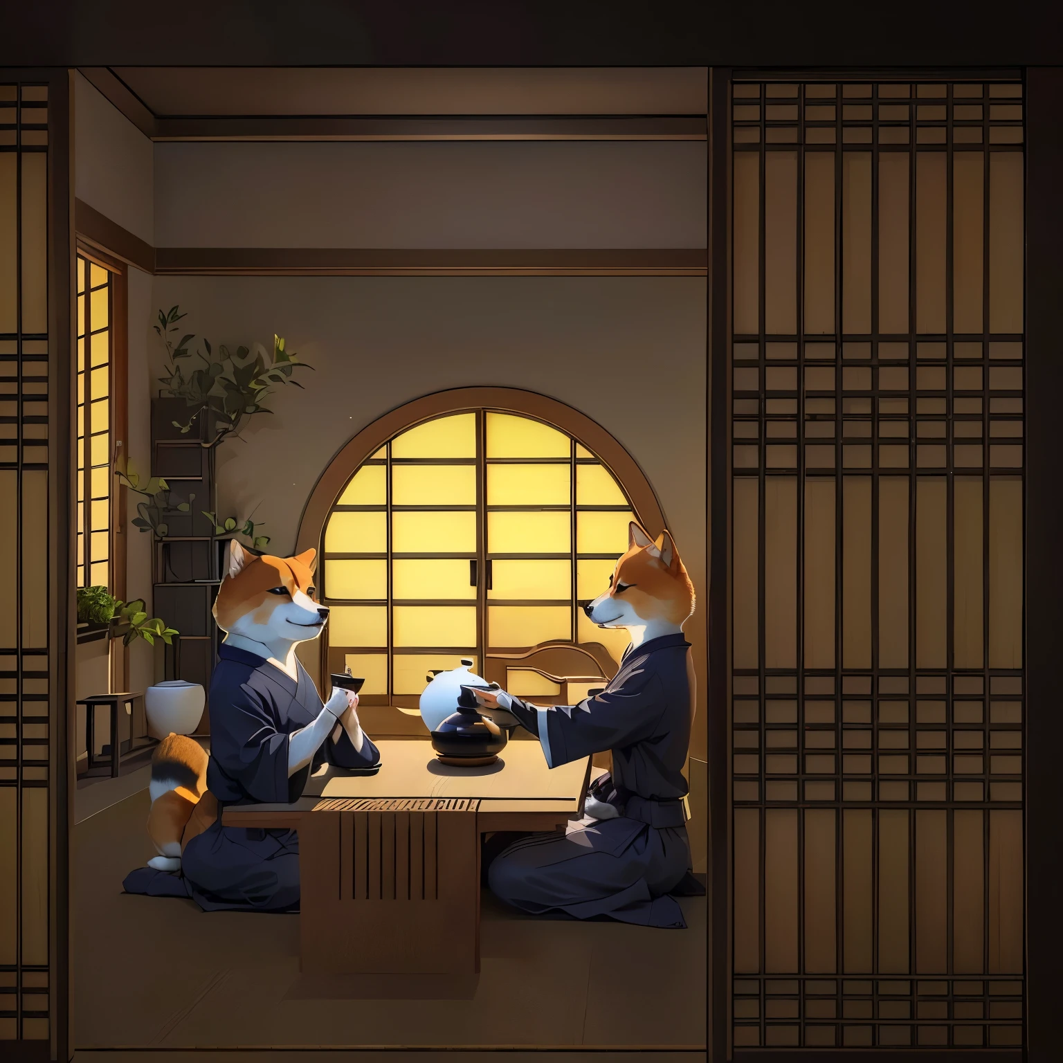 There are two Shiba Inus sitting in the room, Tea ceremony scene, Inspired by Hiroyuki Isoda, Inspired by Zhou Wentianchong, Cat's , In the dojo, The cat is drinking tea, Inspired by Watanabe Shotasu, Inspired by Tawaraya Sotatsu