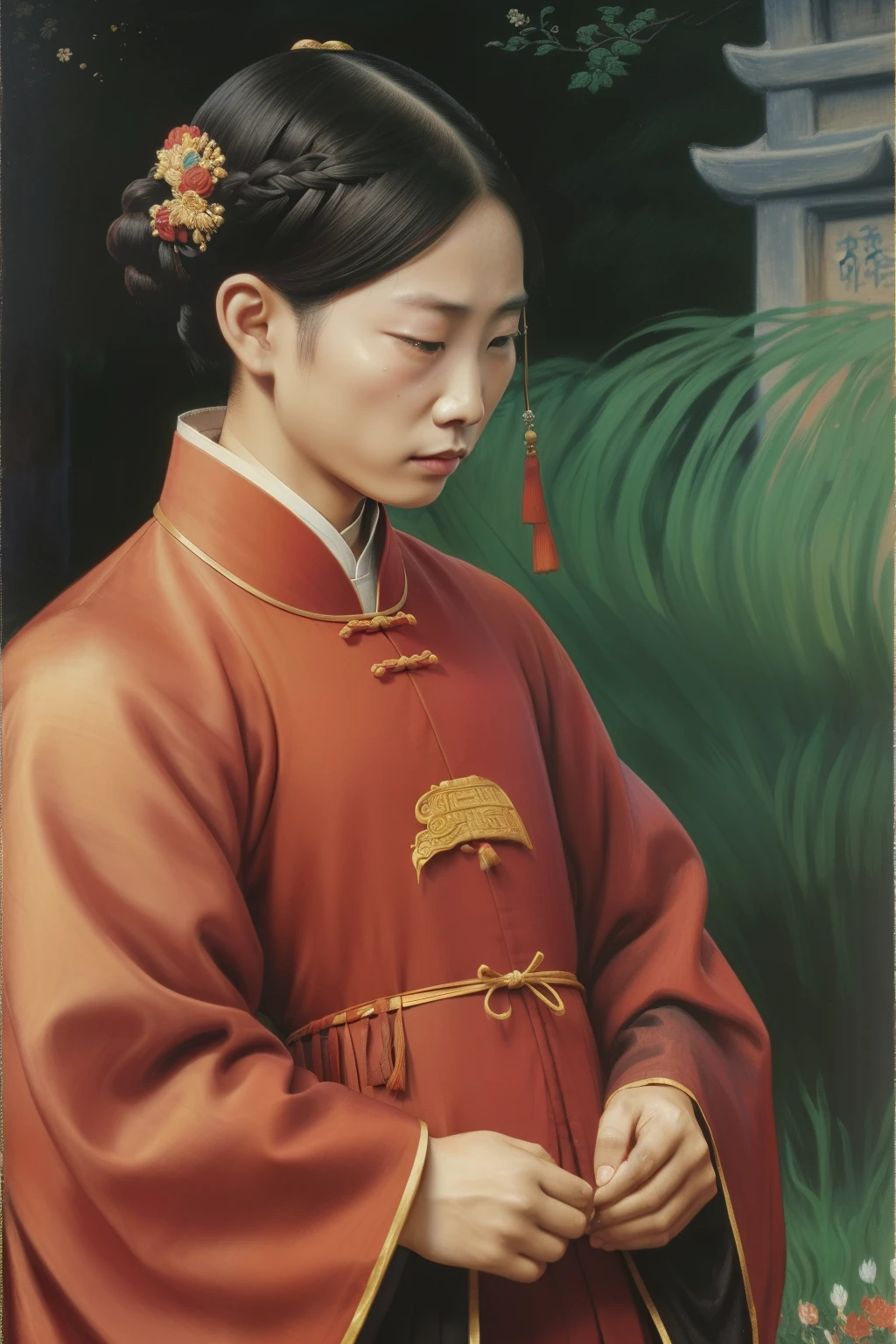 China, 1491. A young ((((30-year-old)) Tan Yunxian)), in a funeral, ((sad expression, crying big tears)), ((((chinese clothings from the 1490s)))), ((hairstyle of the 1490s)), ((colorful, Monet))