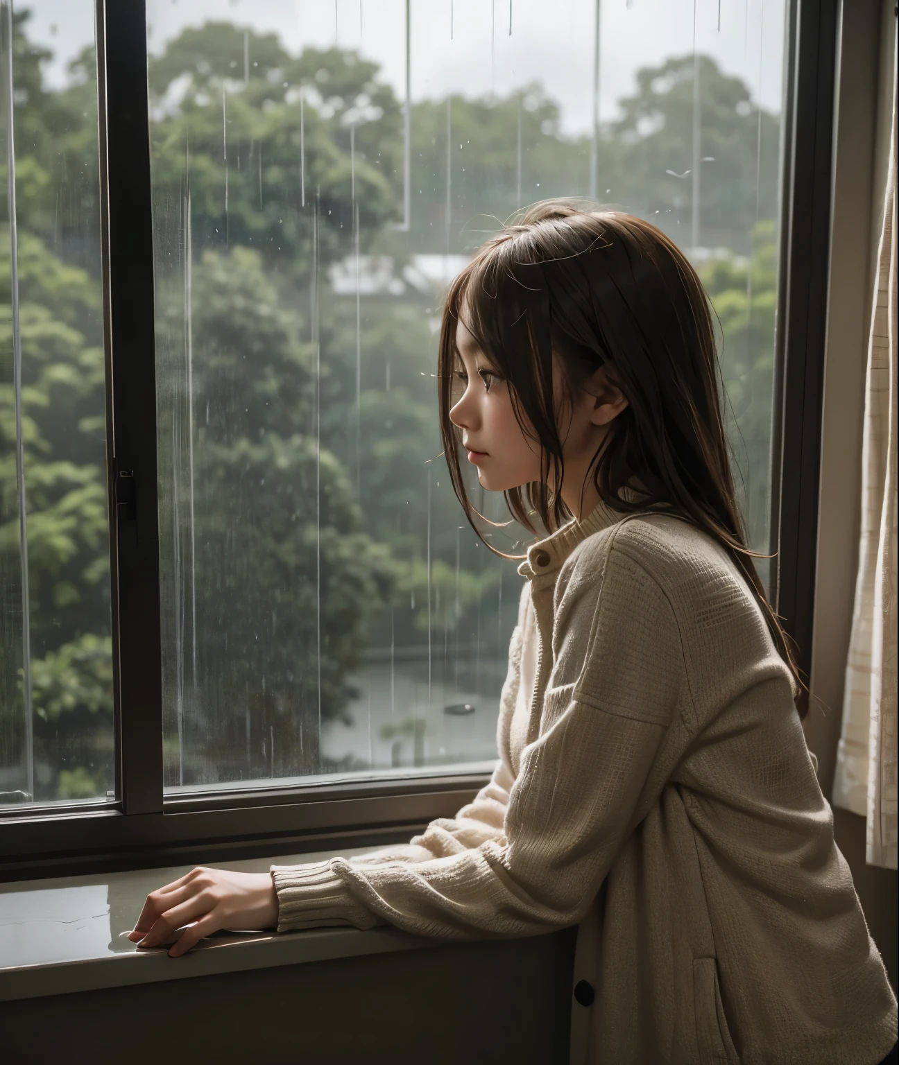 Young girl sitting alone in front of the window in the room,Leaves and raindrops hitting the window glass,The expression fell 。