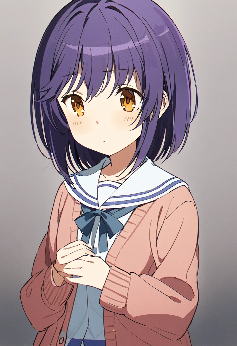 High school girl, purple hair, expressionless, fragile, quiet, Nagato Yuki, short hair, small, sailor uniform, cardigan, small mouth, mysterious