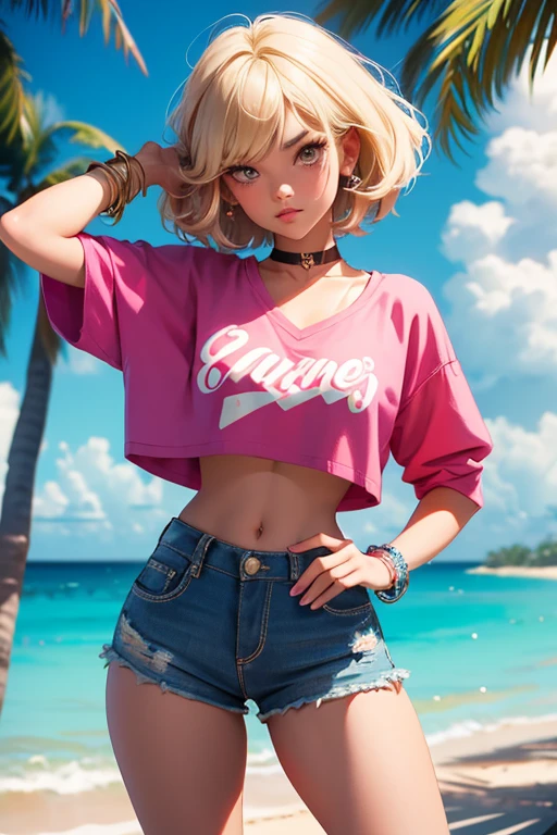 Teenage girl-model 18 years old, beautiful, blonde, bob hair, bangs, brown eyes, beautiful figure, girl wearing crop shirt and too short mini shorts, beautiful long legs, slave bracelets, slave choker, manicure, cute makeup, flirtatiously posing, hot summer, hot flirty, sexy posing, summer outfit, top quality, higest quality, pin-up style, retro 80s style, Daisy Dukes style, slave girl, Miami vibes,