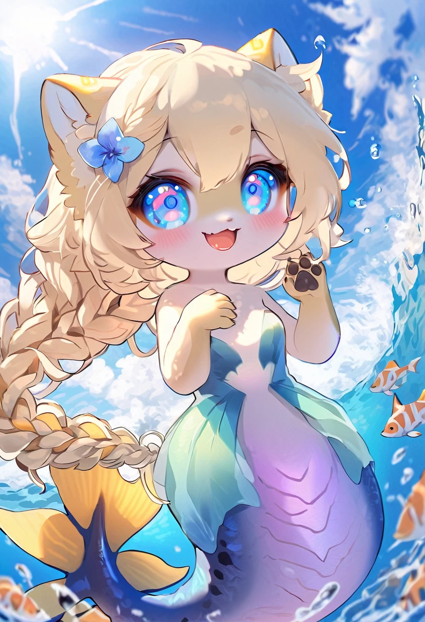 1female\(upper-body kitten,lower-body fish,mermaid,beautiful scale reflecting prism,beautiful tail fin reflecting prism,cute,kawaii,age of 10,long braid hair,blonde,singing beautiful song,eye color ocean blue,big eyes,dynamic pose,big smile,open mouth\), BREAK ,background\(under the beautiful clean sea,beautiful fishes,big ship\), BREAK ,quality\(8k,wallpaper of extremely detailed CG unit, ​masterpiece,hight resolution,top-quality,top-quality real texture skin,hyper realisitic,increase the resolution,RAW photos,best qualtiy,highly detailed,the wallpaper,cinematic lighting,ray trace,golden ratio\),dynamic angle,lamdscape,[nsfw:2.0],wear frilled tops,(paw)