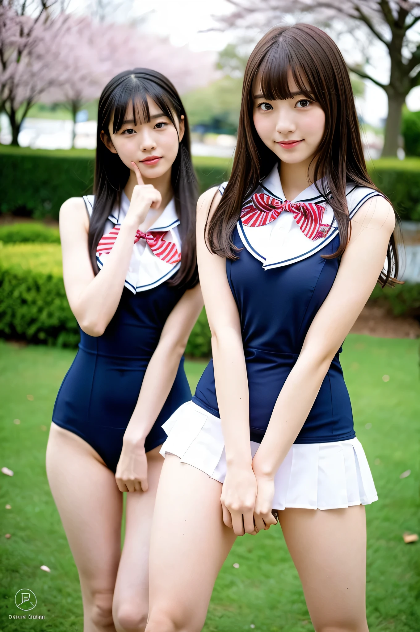 2 girls standing in school park,navy blue short-sleeved sailor leotard with frills,red bow tie,18-year-old,bangs,a little smile,thighs,knees,short hair with low pigtails,from before,front light