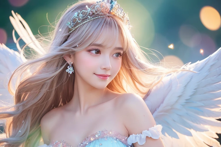 Use magic,Place your hand on your chest,tiara,Angel,Lolita,woman,Smile,Short sleeve,race,Lens flare,magical energy,healing,Sparkly Background,noon,summer,Light of the sun,Light background,Light blue sky,cute,Princess,clear,happiness,Angelの羽根,Fairy Wings,Silky shiny hair,Glossy Skin,Long Hair,Fairyland,Soft light,,dream,hope,Pop Art,pastel colour,Big Rainbow,Sparkling Eyes,fine,Non-Adult,High resolution,light peach-colored hair,Wavy Hair,Thin eyebrows,Fluffy Feathers,Many white feathers fluttering down