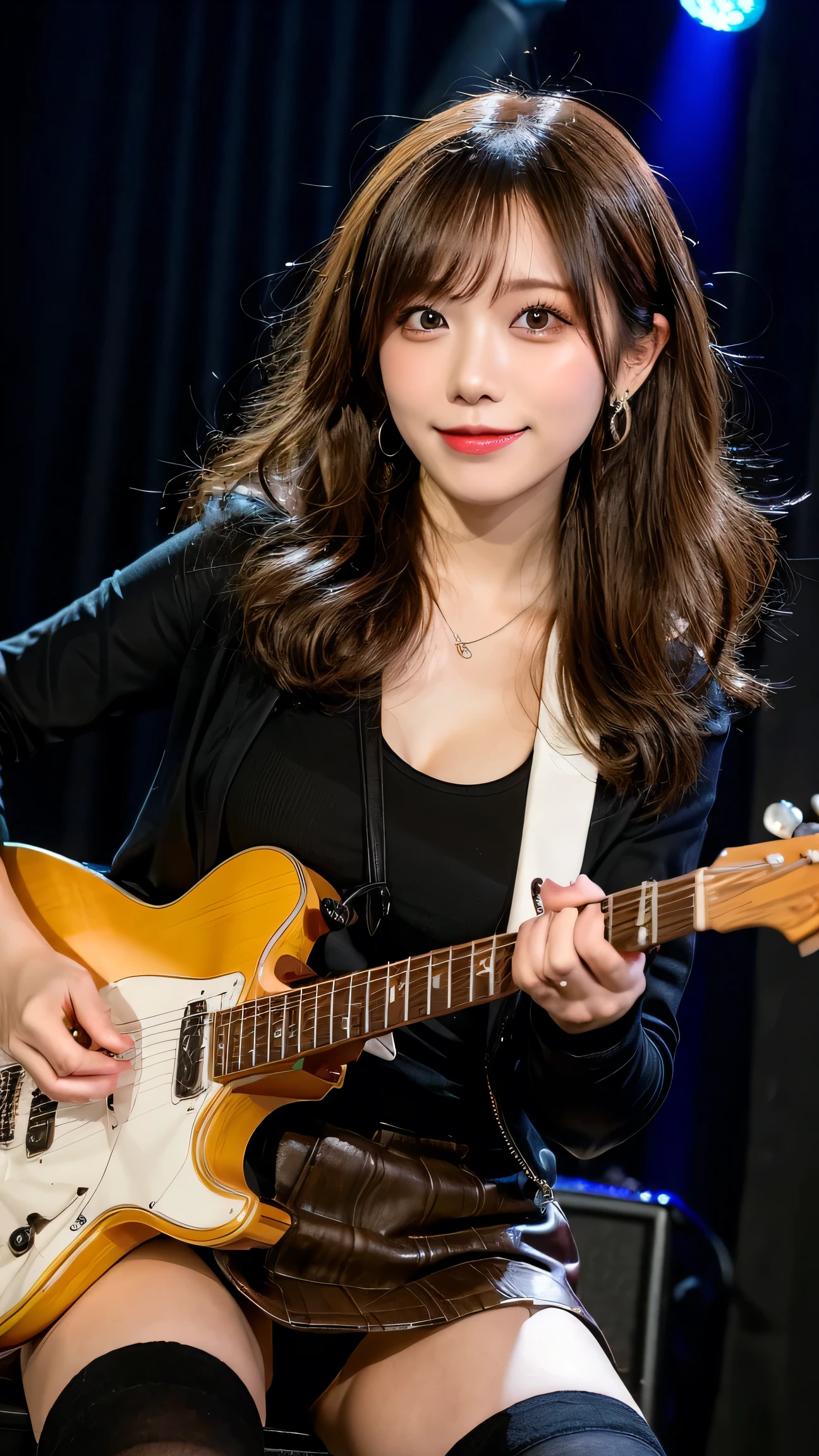 Tabletop, highest quality, shape, Very detailed, finely, High resolution, 8k wallpaper, Perfect dynamic composition, Finely beautiful eyes, jackets,skirt,((Knee socks)),Medium Hair,Natural color lip, 21 years old、cute、F Cup、Brown Hair、Band Stage,Earrings,(Wavy Hair),,Big Breasts,I play electric guitar,sweating,Sing a song,Sweating on thighs,smile