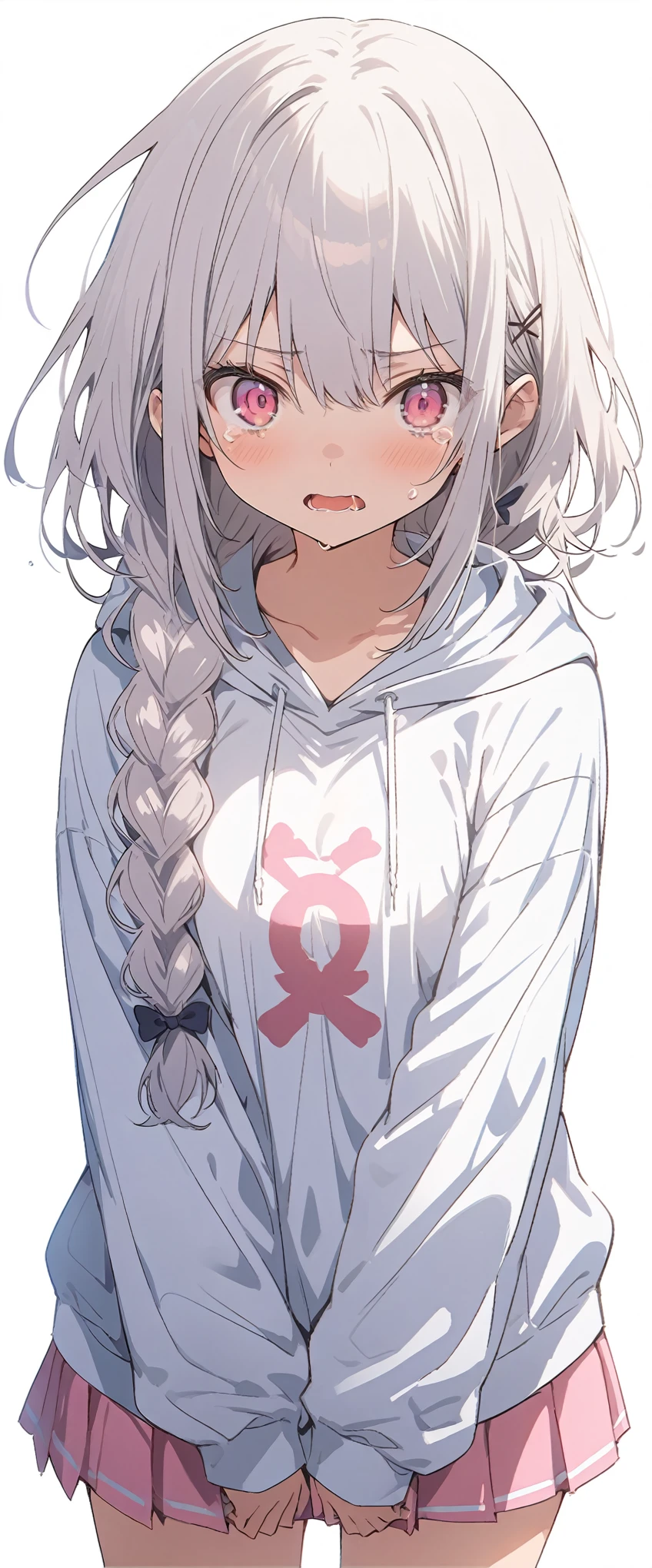 White background、white background、Blank background、Ultra-high resolution, highest quality,Solo,just standing girl, One young girl、Full body view from the front、fish-bone braid hair、Fishbone Hair、grayish white hair、beautiful detailed eyes、Grey hair x pink eyes、pink eyes、shedding large tears、Troubled expression、Open your mouth wide、Ample breasts、Plain white hoodie、Pink pleated skirt、barefoot