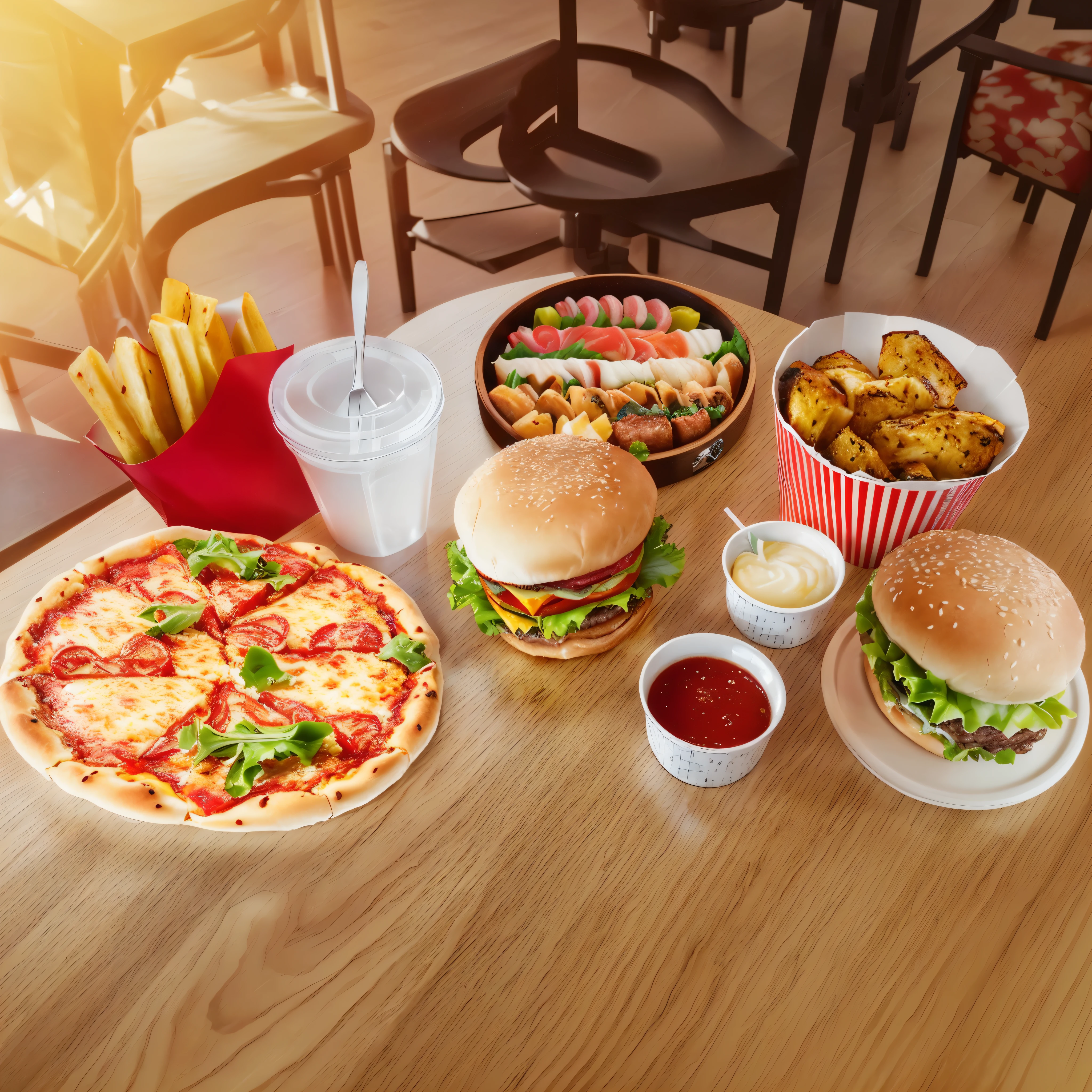 Delicious-looking burgers、There are various kinds of dishes on the table.々There are many foods、There is also pizza, Ultra-realistic Japanese sushi、Hyperrealistic Food Photography, Pizza on the table, food commercial 4k, the table is full of food, Fast food, Fast food review, Diner Food, Highly realistic 3D rendering, Ultra-realistic detailed rendering, Photo-realistic style, Photorealistic 3D rendering, Photorealistic 3D rendering, Highly detailed configuration