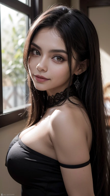 (mejor calidad) , 8K, high resolution, fotorrealista:2.0, Florinda Meza, sonriendo picaresca a camara, vestido negro, Morticia, Super alta calidad de imagen y nitidez, (mejor calidad) , 8K, high resolution, fotorrealista:2.0, cara ultra detallada, ojos pintados de negro, boca pintada de rojo oscuro, , pechos extra grandes, tetas enormes, obra maestra, caliente, NSFW