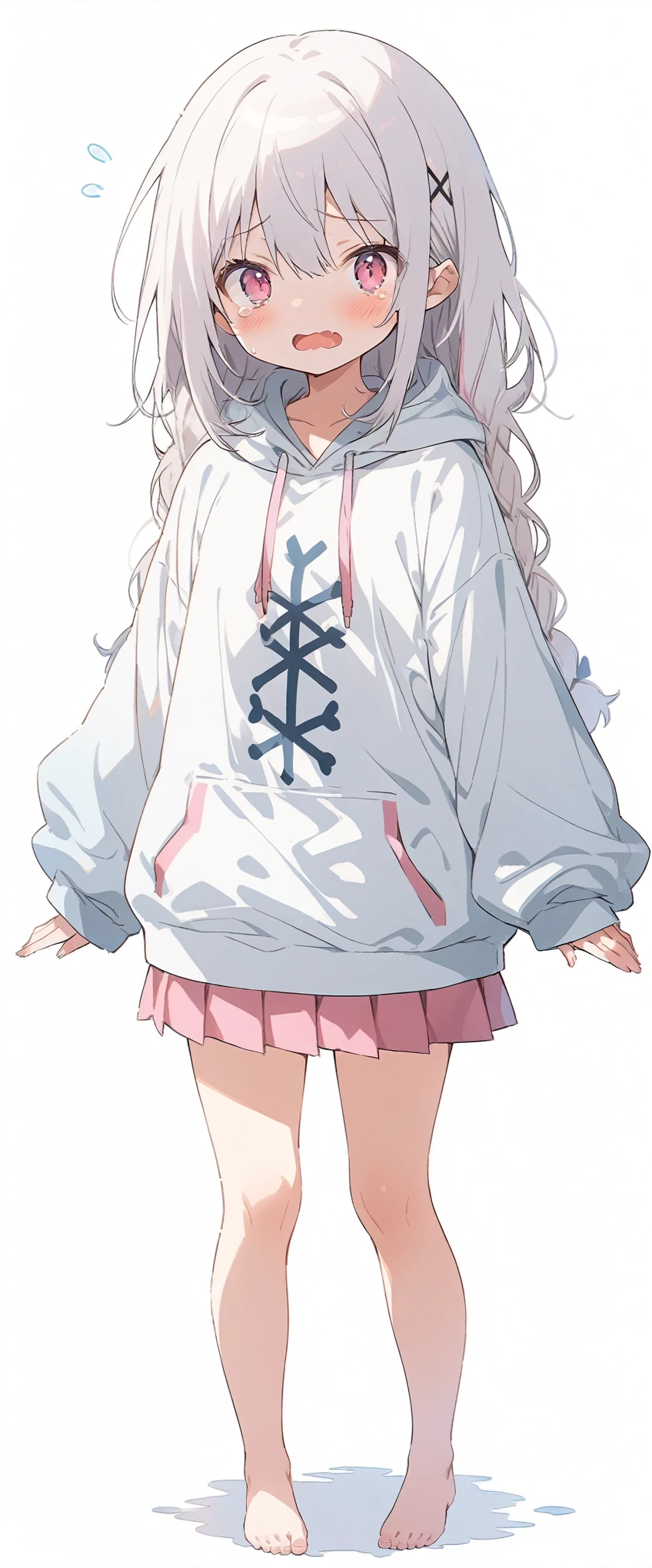 White background、white background、Blank background、Ultra-high resolution, highest quality,Solo,just standing girl, One young girl、Full body view from the front、fish-bone braid hair、Fishbone Hair、grayish white hair、beautiful detailed eyes、Grey hair x pink eyes、pink eyes、shedding large tears、Troubled expression、Open your mouth wide、Ample breasts、Plain white hoodie、Pink pleated skirt、barefoot