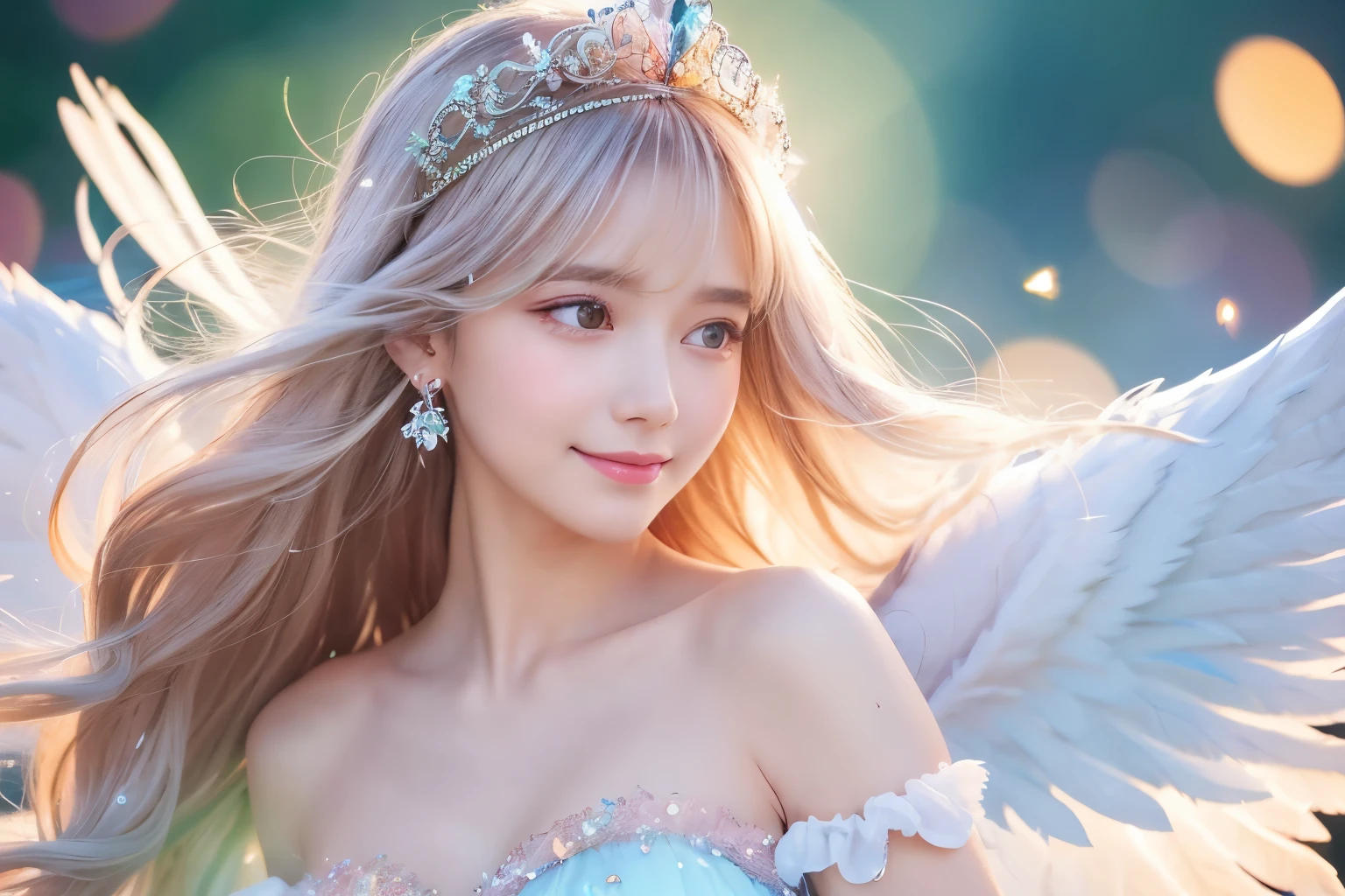 Use magic,Place your hand on your chest,tiara,Angel,Lolita,woman,Smile,Short sleeve,race,Lens flare,magical energy,healing,Sparkly Background,noon,summer,Light of the sun,Light background,Light blue sky,cute,Princess,clear,happiness,Angelの羽根,Fairy Wings,Silky shiny hair,Glossy Skin,Long Hair,Fairyland,Soft light,,dream,hope,Pop Art,pastel colour,Big Rainbow,Sparkling Eyes,fine,Non-Adult,High resolution,light peach-colored hair,Wavy Hair,Thin eyebrows,Fluffy Feathers,Many white feathers fluttering down