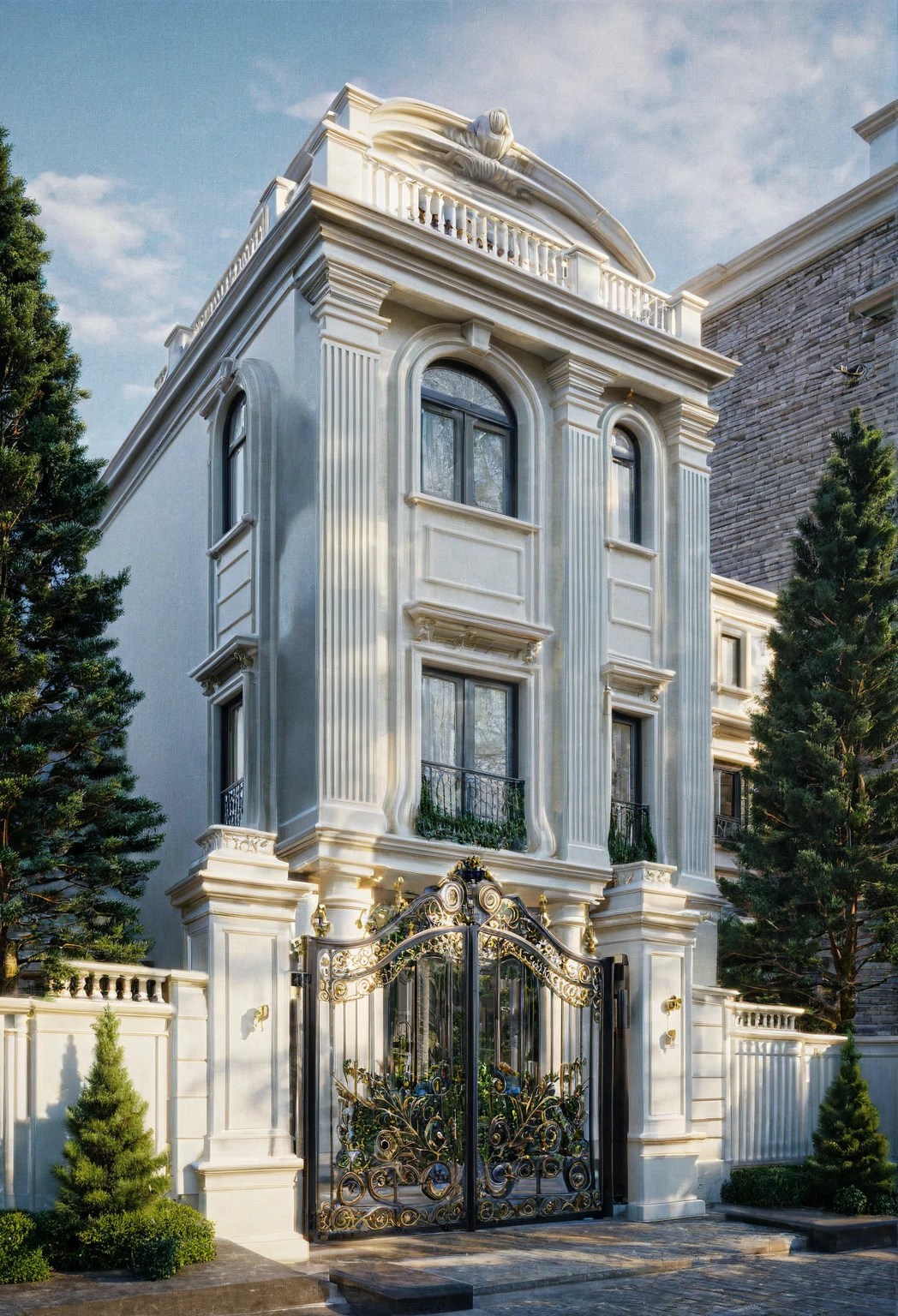 RAW photo, masterpiece, arafed house with a car parked in front of it, neo - classical style, rendered in lumion pro, classicism style, classicism artstyle, lumion render, rendered in lumion, architectural visualization, neoclassical style, in style of classicism, white light sun, rendered in vray, rendered in v-ray, rendered in unreal engine 3d, (photorealistic:1.2), best quality, ultra high res, exterior, architechture,modern house,(white wall:1.5), (detail gate black:1.4), (photorealistic:1.5), best quality, ultra high res, exterior,architechture,neoclassic house,(white wall:1.2), (detailed reliefs:1.2), (The front 1st floor has 4 windows), (the right side 1st floor has 4 windows), (the main side has three-step stairs), (the right side has three-step stairs) ,glass windows,,trees,traffic road, blue sky,in the style of realistic hyper-detailed rendering, luxury neoclassical villa, in the style of neoclassical scene, glass windows, (white navy roof:1.2), best quality, (straight strokedetail:1.1) roof top, (Intricate lines:1.5), ((Photorealism:1.5)),(((hyper detail:1.5))), archdaily, award winning design, (dynamic light:1.3), (night light:1.2), (perfect light:1.3), (shimering light :1.4), refection glass windows, (curved line architecture arch:1.2), trees, beautiful sky, photorealistic, FKAA, TXAA, RTX, SSAO, Post Processing, Post-Production, CGI, VFX, SFX, Full color,((Unreal Engine 5)), Canon EOS R5 Camera + Lens RF 45MP full-frame CMOS sensor, HDR, Realistic,8k,((Unreal Engine 5)), Cinematic intricate detail, extreme detail, science, hyper-detail, FKAA, super detail, super realistic, crazy detail, intricate detail, nice color grading, reflected light on glass, eye-catching wall lights, unreal engine 5, octane render, cinematic, trending on artstation, High-fidelity, Viwvid, Crisp, Sharp, Bright, Stunning, ((Lifelike)), Natural, ((Eye-catching)), Illuminating, Flawless, High-quality,Sharp edge rendering, medium soft lighting, photographic render, detailed archviz
