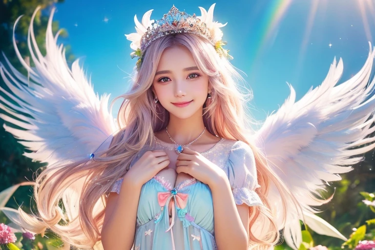 Use magic,Place your hand on your chest,tiara,Angel,Lolita,woman,Smile,Short sleeve,race,Lens flare,magical energy,healing,Sparkly Background,noon,summer,Light of the sun,Light background,Light blue sky,cute,Princess,clear,happiness,Angelの羽根,Fairy Wings,Silky shiny hair,Glossy Skin,Long Hair,Fairyland,Soft light,,dream,hope,Pop Art,pastel colour,Big Rainbow,Sparkling Eyes,fine,Non-Adult,High resolution,light peach-colored hair,Wavy Hair,Thin eyebrows,Fluffy Feathers,Many white feathers fluttering down