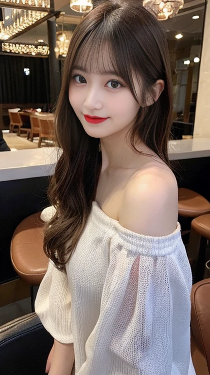 highest quality、8k wallpaper、Reality:1.4、Photographed by a professional photographer、Cinema Lighting、View your viewers、background:Gorgeous bar lounge at night、1 beautiful girl、Japanese Idol、39 years old、Beautifully detailed eyes、Detailed face、Beautiful Skin、Slender、Slim waist、Thin legs、Red lipstick、Fancy hairstyle:1.8、Random hair color、Light Hair、Asymmetrical bangs、Off-the-shoulder dress、I can see your chest 、smile:1.4、Seductive pose