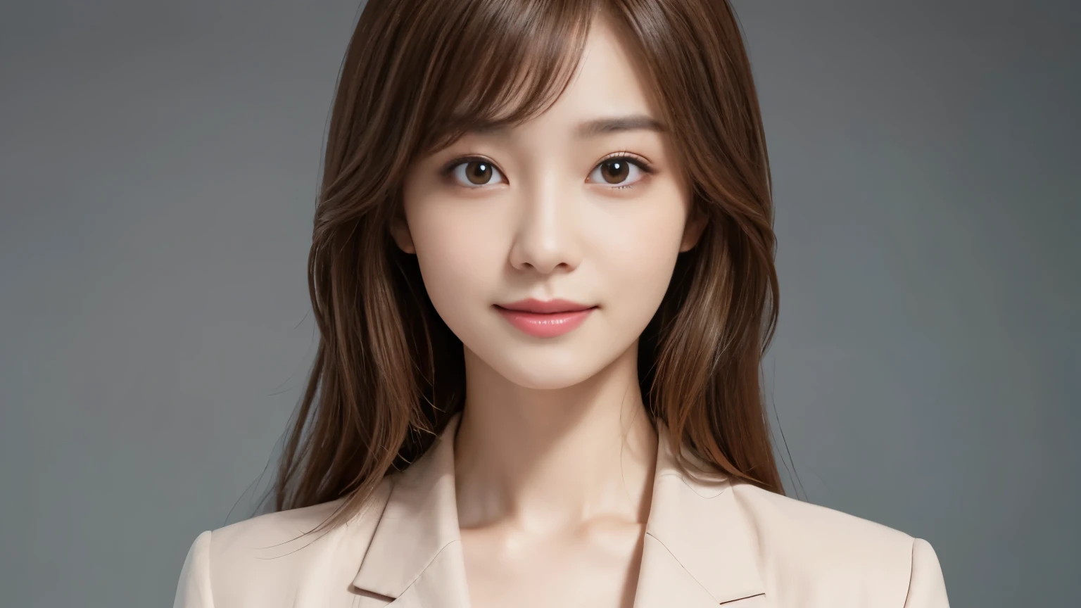 (Highly detailed CG Unity 8K wallpaper, highest quality, Super detailed, look at the camera:1.2, light shines on your face:1.5, gray background, professional lighting), Japan female, 26 years old, Upper body composition with brightly lit face. She has an oval face, soft arched eyebrows, bright expressive eyes,, pronounced nose, And a friendly smile. Her hair is shoulder-length, straight, Dyed a light chestnut color. she is wearing a smart casual blouse, Probably soft colors, Paired with a chic blazer, Embody her lively and sociable personality