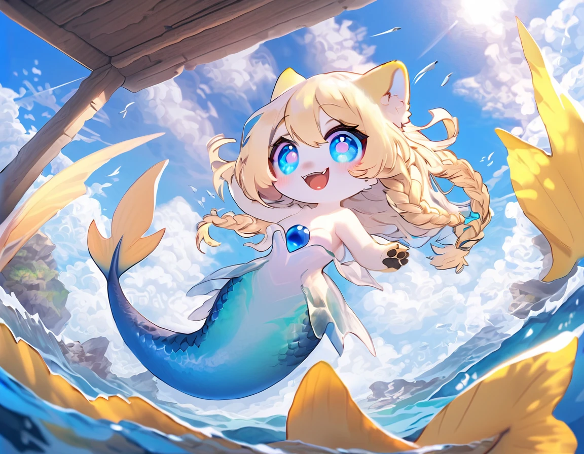 1female\(upper-body kitten,lower-body fish,mermaid,beautiful scale reflecting prism,beautiful tail fin reflecting prism,cute,kawaii,age of 10,long braid hair,blonde,singing beautiful song,eye color ocean blue,big eyes,dynamic pose,big smile,open mouth,sharp teeth,(full body:0.5)\), BREAK ,background\(under the beautiful clean sea,beautiful fishes,big ship\), BREAK ,quality\(8k,wallpaper of extremely detailed CG unit, ​masterpiece,hight resolution,top-quality,top-quality real texture skin,hyper realisitic,increase the resolution,RAW photos,best qualtiy,highly detailed,the wallpaper,cinematic lighting,ray trace,golden ratio\),dynamic angle,landscape,[nsfw:2.0],wear frilled tops,(paw)