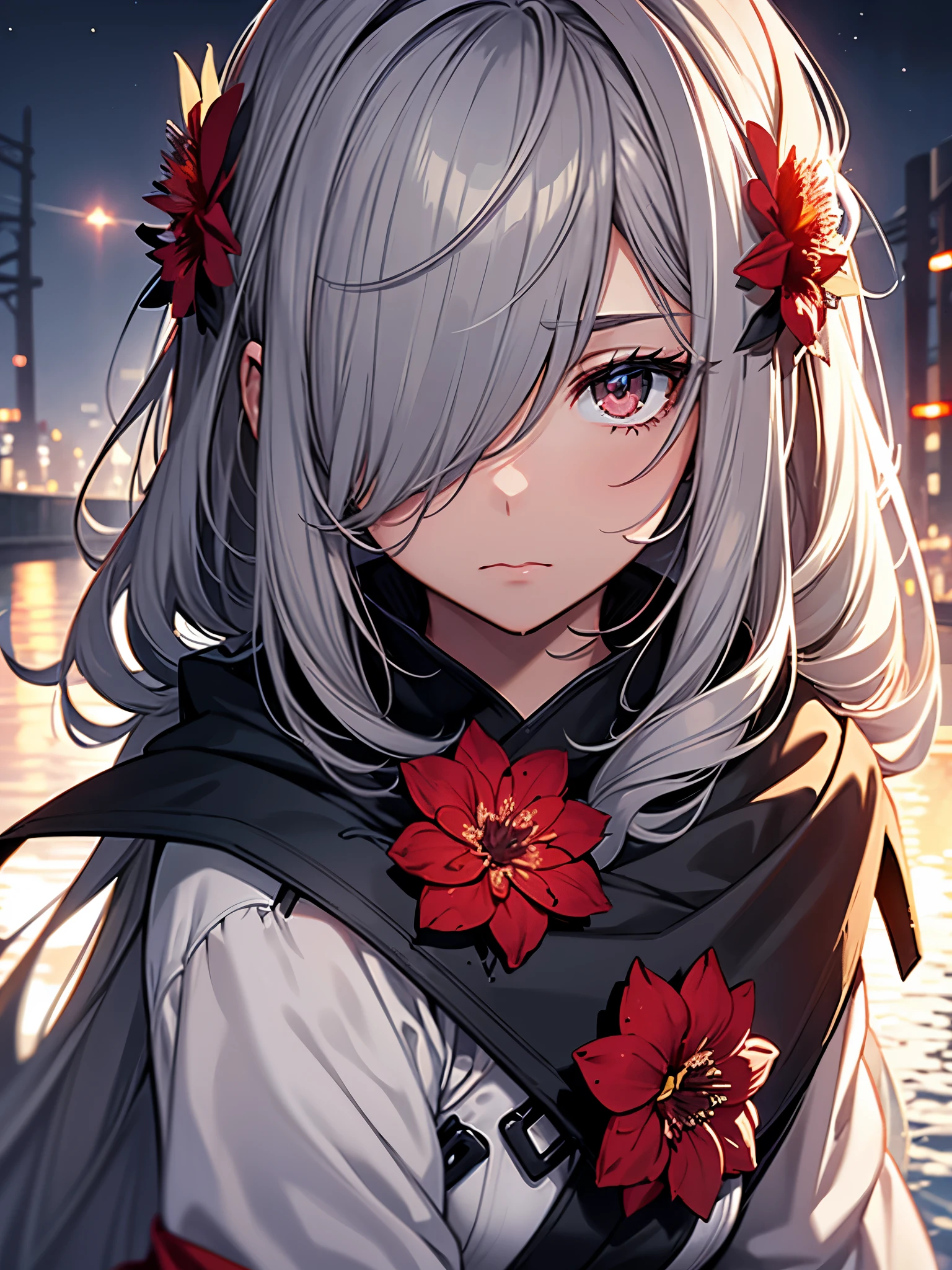 One girl,alone,One girl,alone,((Beautiful fine details)), (Detailed light),Depth of written boundary,(Gray Hair),Silver Eyes,Hair on one eye,(Red flower ), Hair Flowers,Long Hair,Black Cape,Wet,emotionless,Recall,night,Starfall,it&#39;s raining,fog,Red flowers falling,sketch,Upper Body,Strong Shadows,
