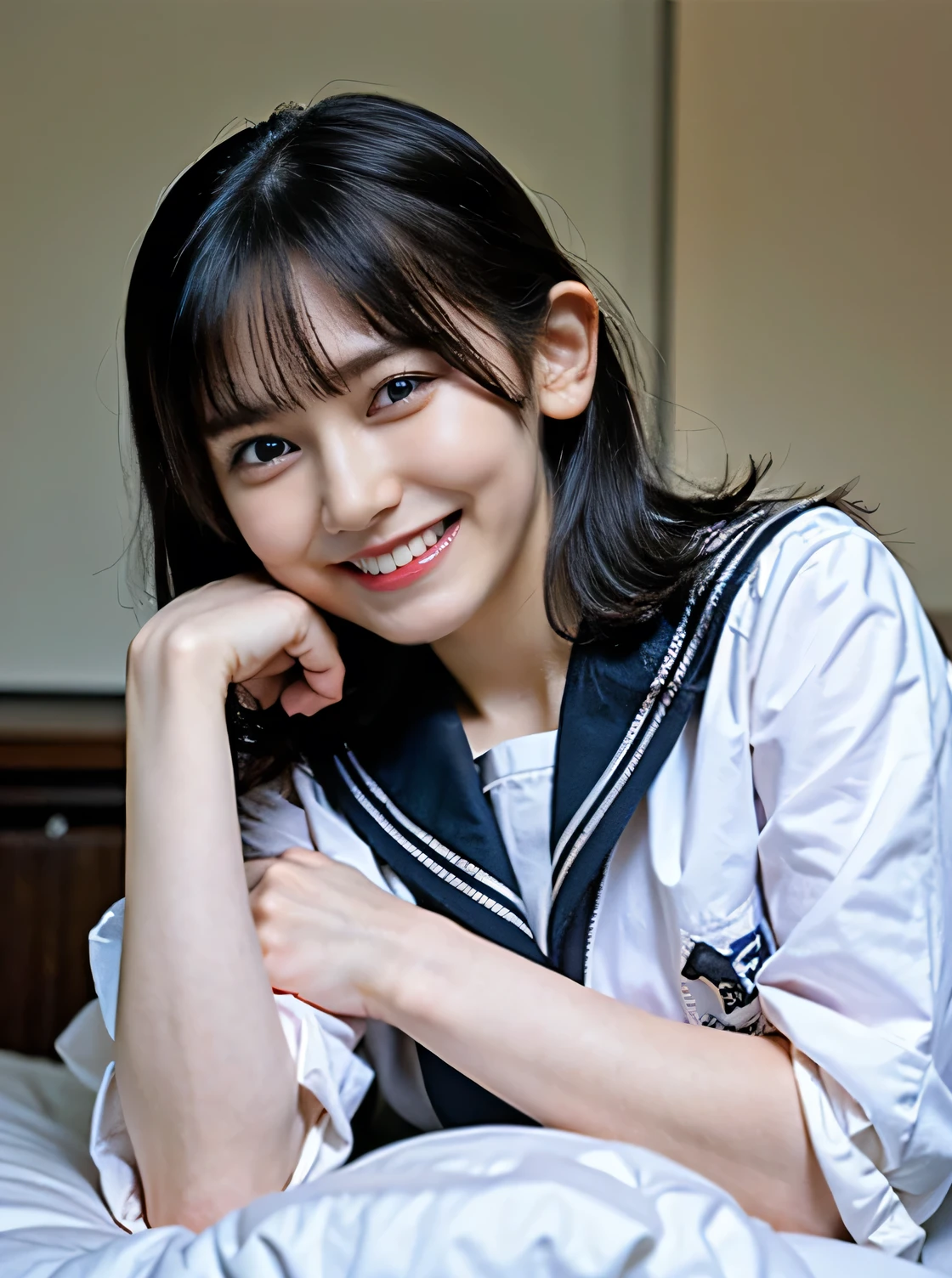 nsfw:1.5,(8k、RAW photo、highest quality、masterpiece:1.2)、(realistic、Photoreal)、,((1man and 1woman,having sex)),top down bottom up,on bed，open legs:1.5,micro skirt,((slender body,narrow waist,see through,nipple)),show me panty, small breasts,1 girl, grin,white teeth, Bare top, full body, Japanese sailor suit,