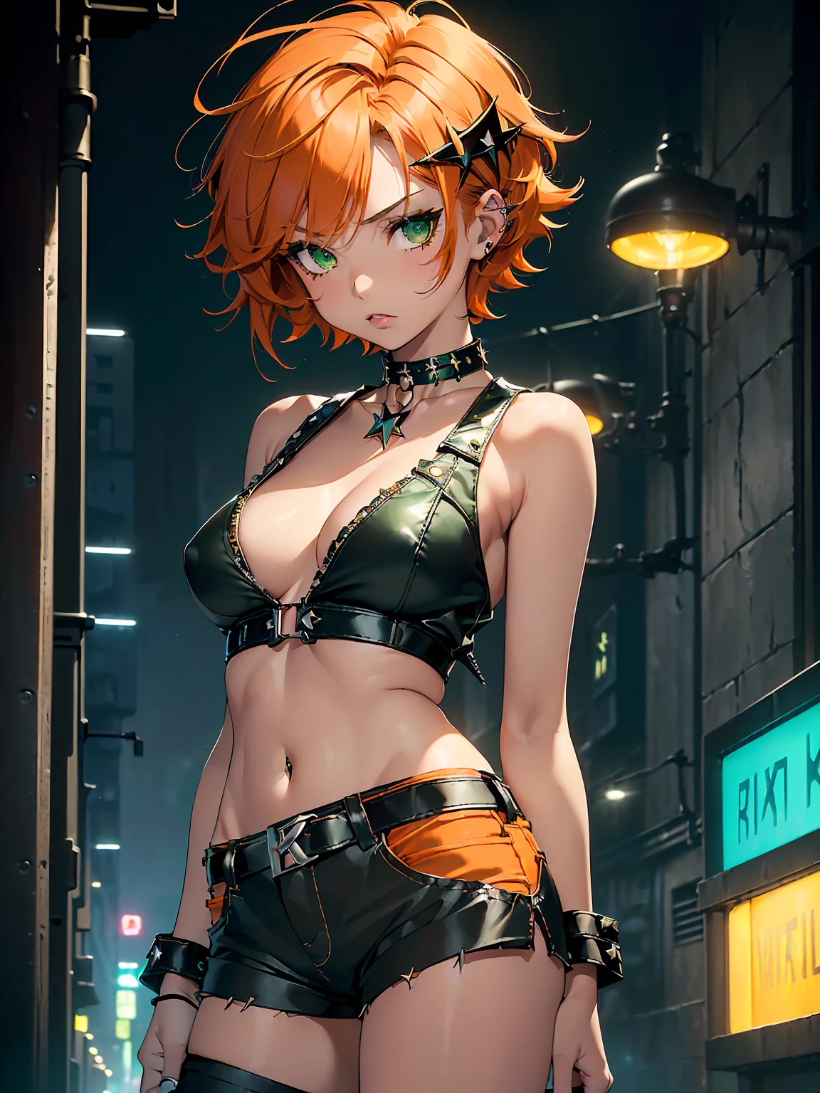 (masterpiece)(8k)((cute))(18-year old girl)(solo:1.5)(1girl:1.5)(wild hair:1.3)(short hair:1.3)(orange hair)(flat chest)(small breasts)(nipple bumps:1.2)(green pupils)(glossy skin)(glossy lips:1.1)(shiny)(seductive)(serious)(leaned forward:1.2)(choker necklace)(punk style:1.2)(goth style:1.1)(ripped shorts:1.3)(leather:1.2)(star pattern:1.2)(midnight)(city lights:1.2)(windy:1.3)