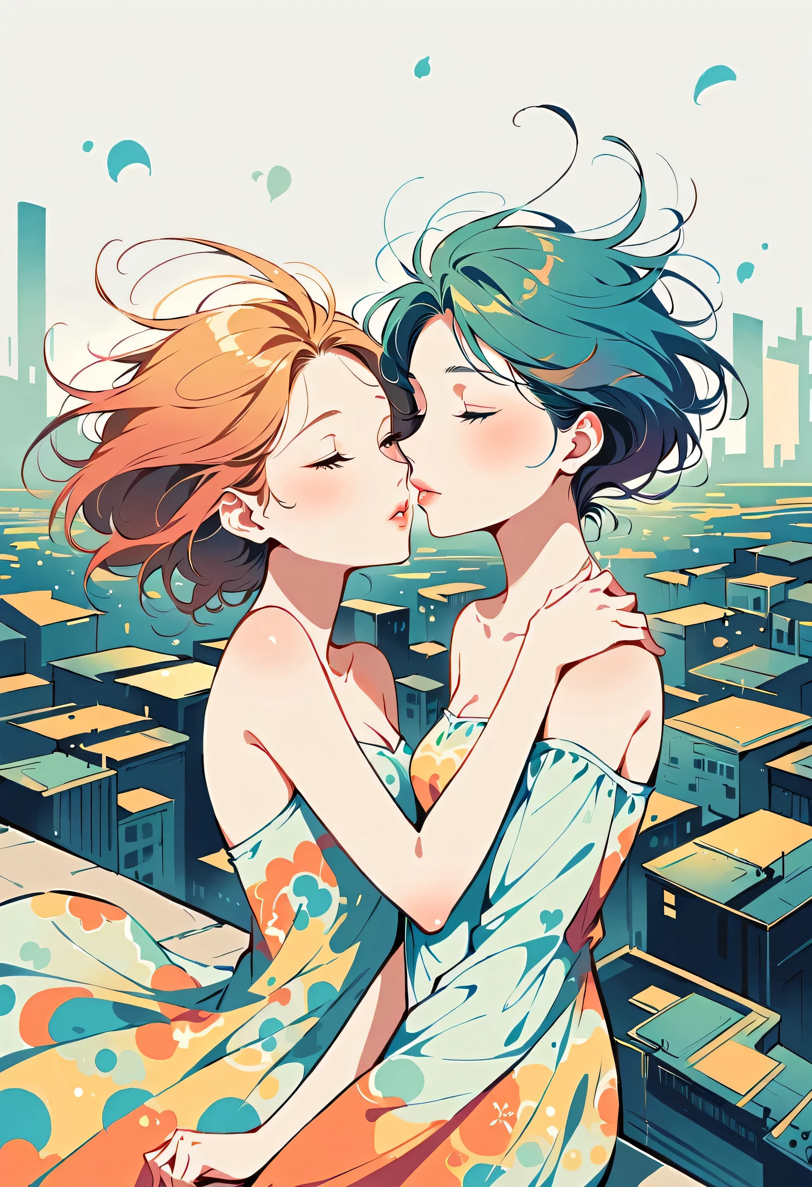 Stand on the rooftop,(((The most beautiful girl))), Lips in Love,Simple lineinimalism,abstraction,City background