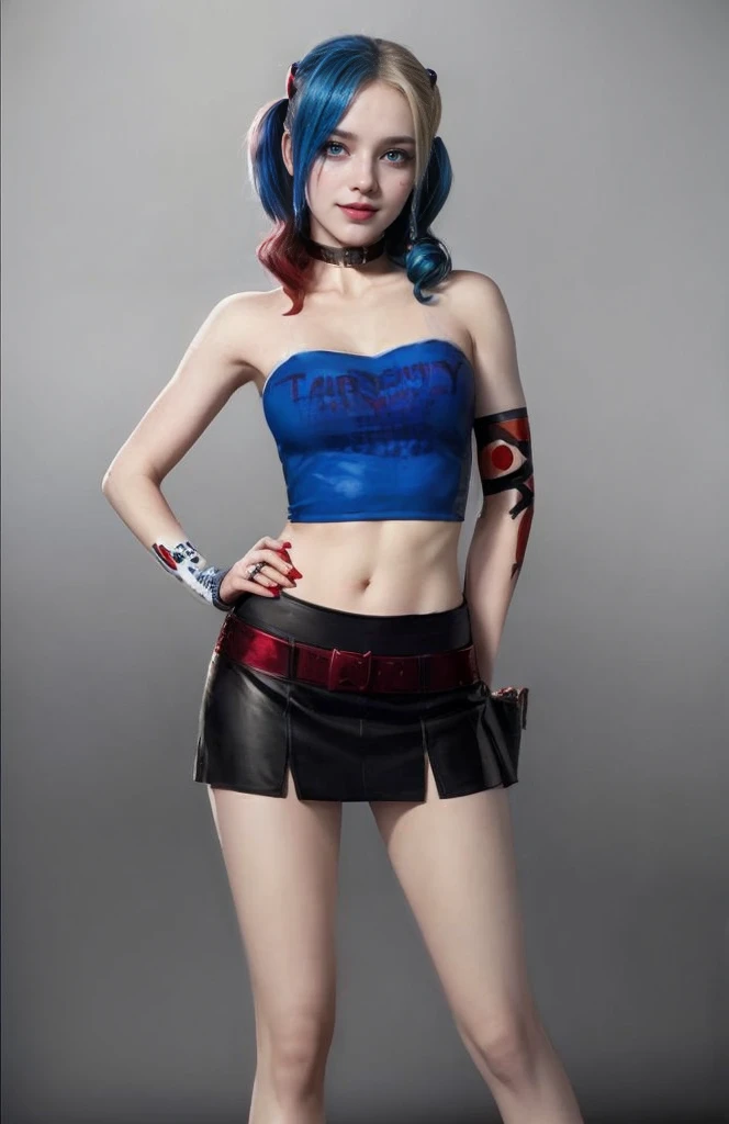HarleyQuinn, light blue eyes, (best quality,ultra-detailed),(Realistic:1.37), beautiful and detailed face, Ultra-realistic texture, delicate face, athletic body, vivid colors. High definition, 8K. cute smile expression