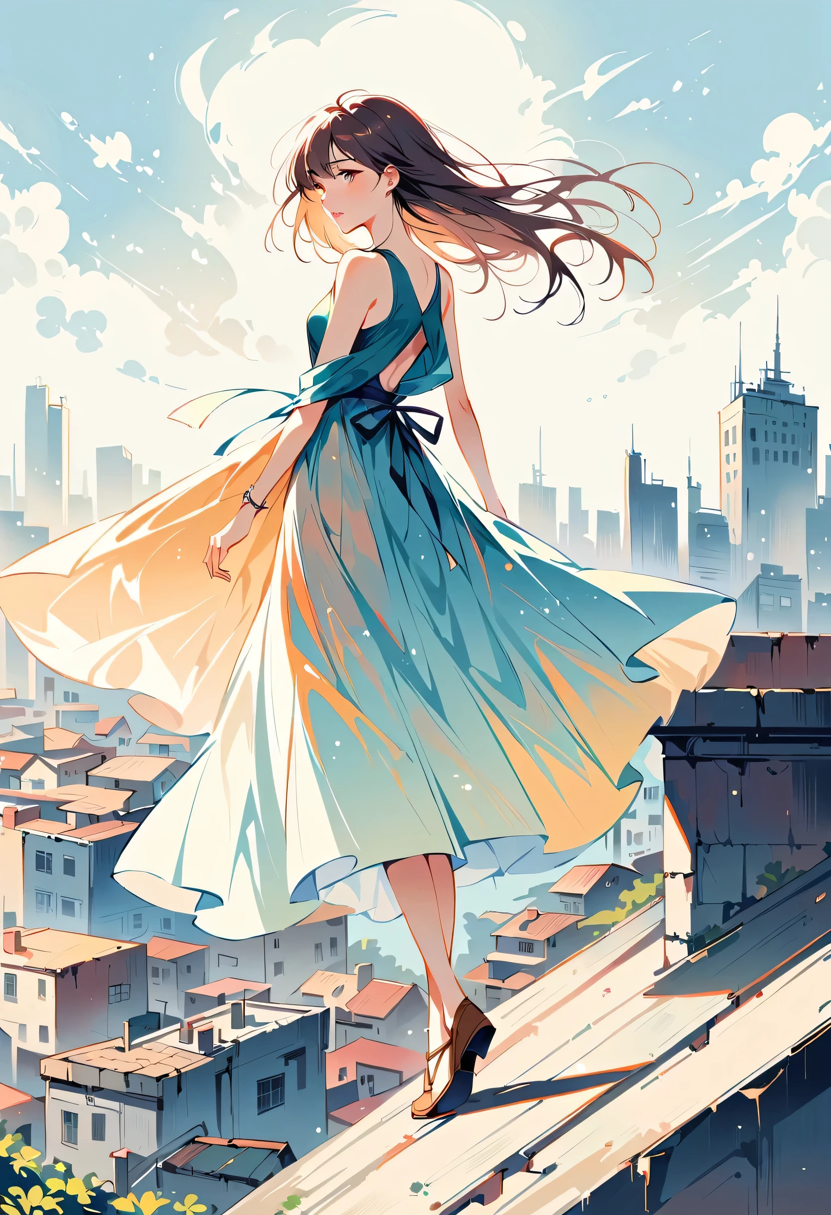 Stand on the rooftop，(((The most beautiful girl))), Lips in Love，Simple lineinimalism，abstraction，City background