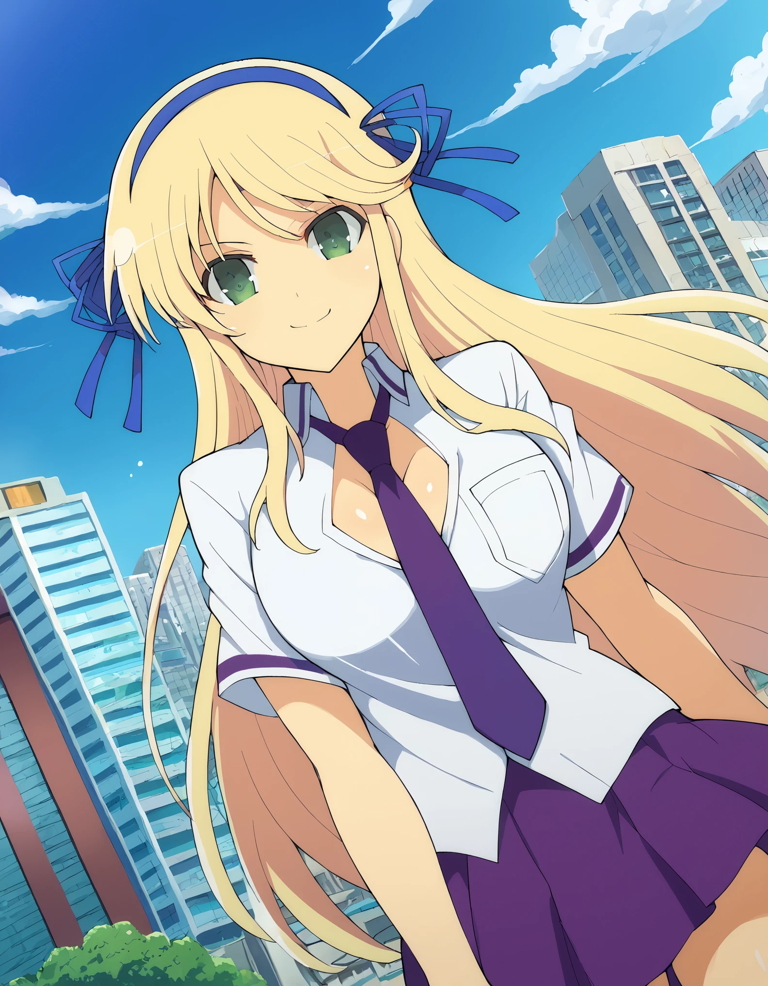 score_9, score_8_up, score_7_up, source_anime,
skkatsuragi, fficial art, senran kagura, senran kagura burst, senran kagura new link, shiny skin, yaegashi nan, female, 
katsuragi, long hair, blonde hair, ribbon, green eyes, hair ribbon, hairband, smile,
shirt, cleavage, , necktie, blue ribbon, blue necktie, purple skirt,
outdoors, cityscape,
looking at viewer, dutch angle, cowboy shot