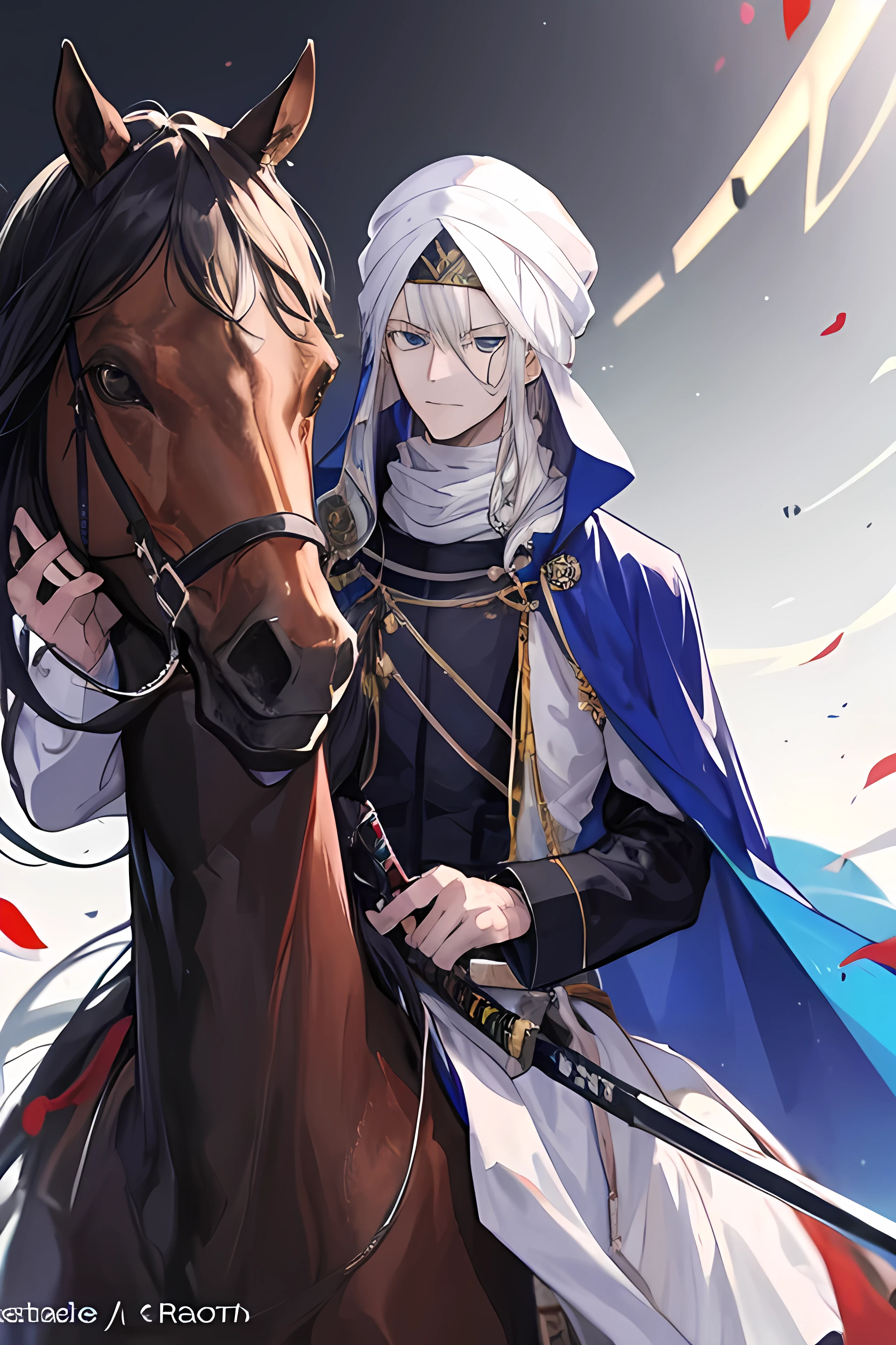 A baddass guy with name Saladin, riding a black horse, holding and raising his damascus sword, and wearing an arabian cloak and white turban, in fate sty night anime style