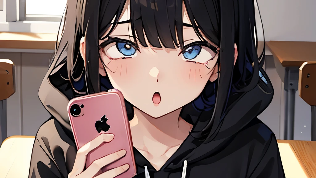 smartphone、iPhone、iPhone、smartphoneを見てる、high school girl、wake up、anime、smartphone、hoodie、Black Hair、Blunt bangs、Drunk Eyes