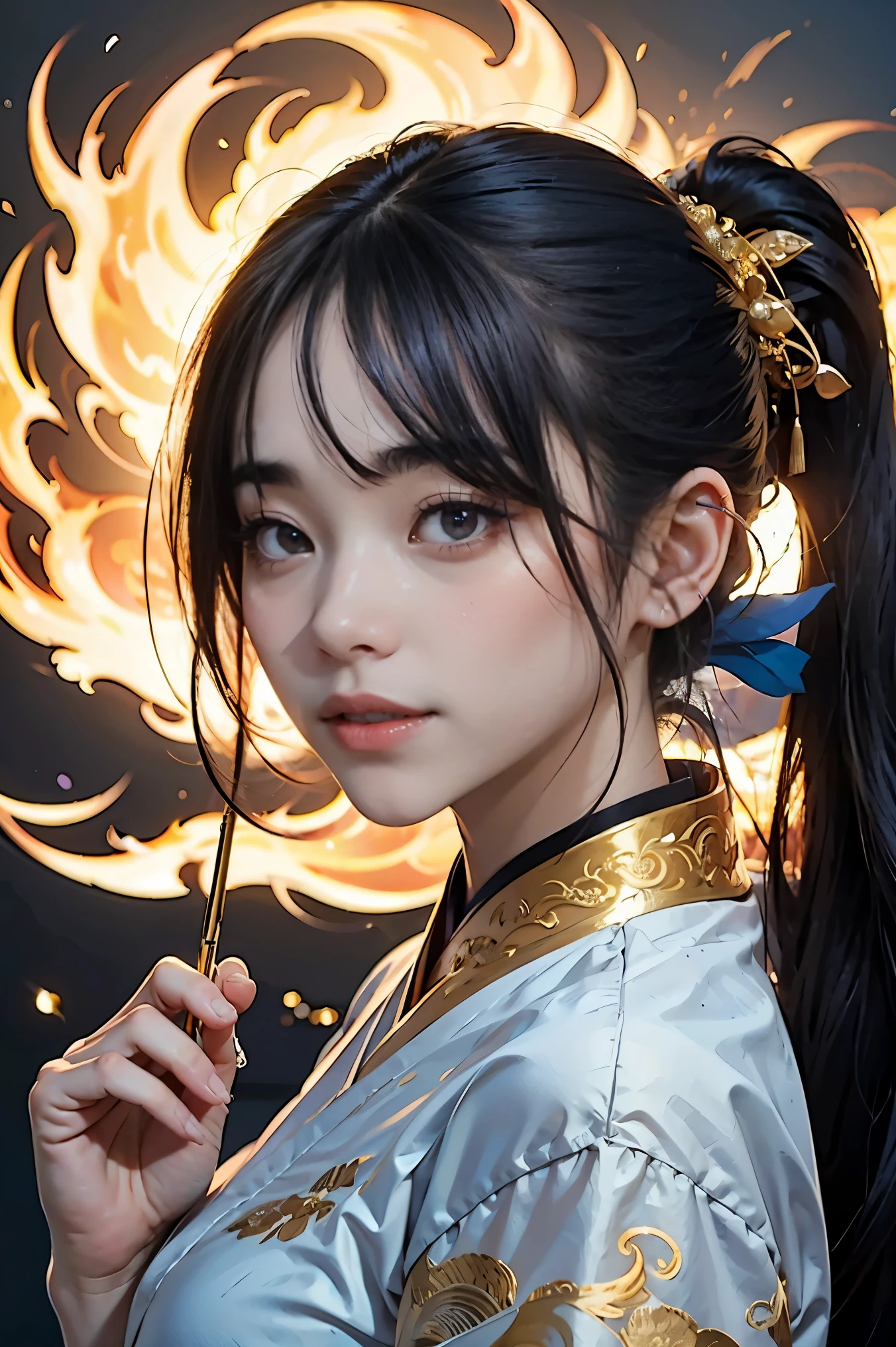 Beautiful Chinese girl standing on the water, misty reflection, A huge sacred phoenix in the sky, magic, Fantasy, dynamic gesture, Consisting of colorful flames, delicate face, delicate eyes, Long black and gold hair, Wearing amber and blue Hanfu robes., Delicate and intricate patterns, ink painting, golden bronze, grand element, soft shadow, sharp focus, movies, Middle element, Poster Design, การถ่ายภาพmovies, Panorama, 32k --v 6