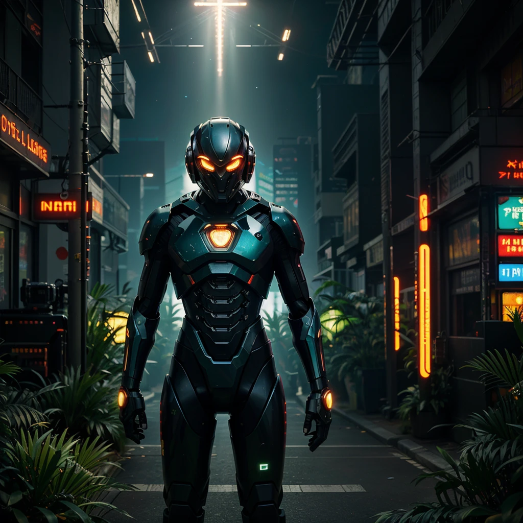 (masterpiece:1.2, best quality), extremely detailed mecha, studio lighting, cinematic lighting, vibrant colors, dynamic composition, ultra-detailed, photorealistic,In the heart of a vibrant, otherworldly jungle, a mechanical dwarfed figure cloaked in black stands amidst a riot of neon hues. The scene is rendered with hyper-detailed precision, meticulously crafted in 8k resolution for a masterpiece of unparalleled quality. Neon signs, pulsating with life, cast dramatic shadows that dance across the lush foliage, a testament to the futuristic technology that permeates this alien landscape, cyberpunk masterpiece, evocative of a moody atmosphere, is brought to life through octane render and cinematic lighting, casting intricate patterns of light and darkness across the scene, absurd realistic, masterpiece