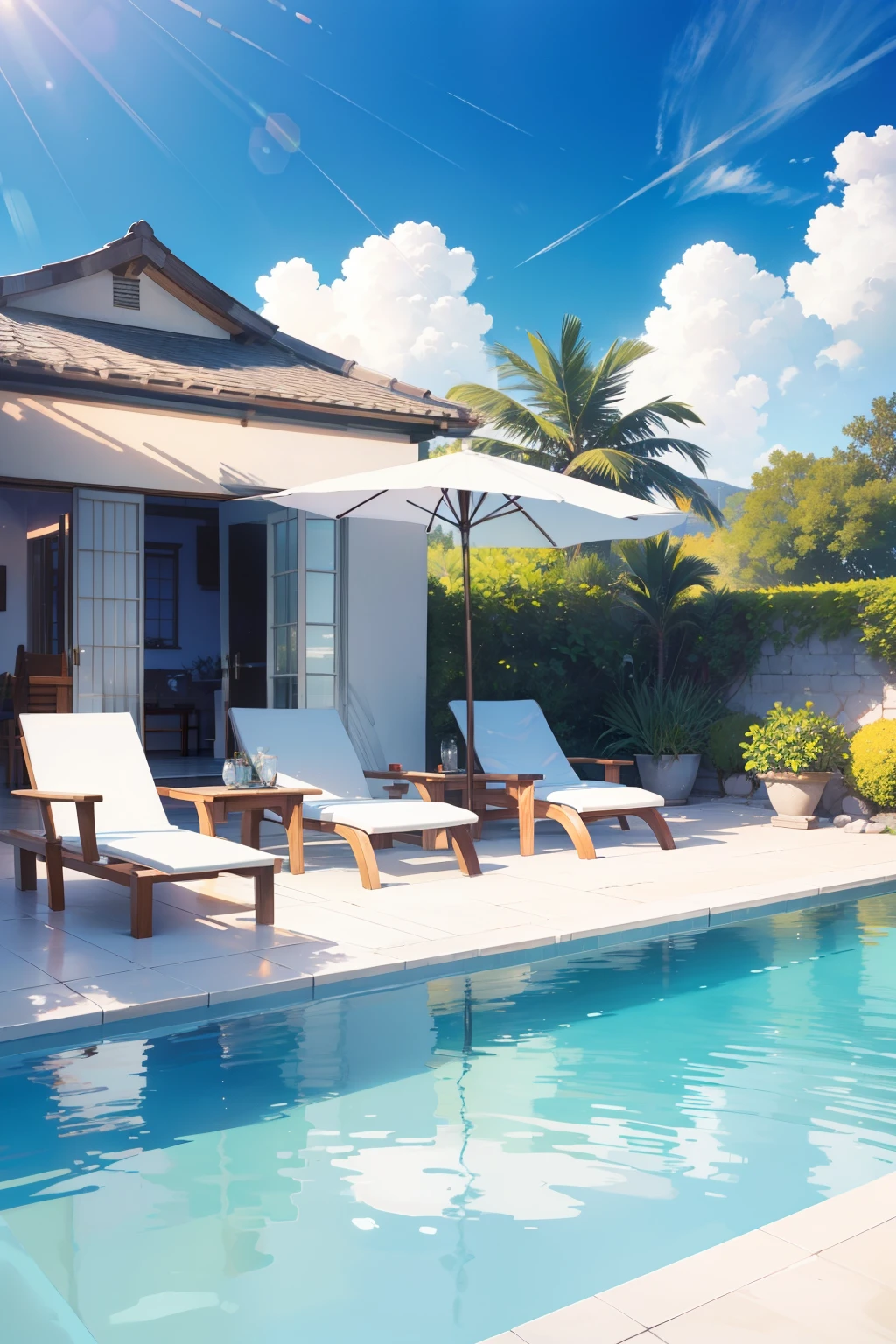Stunningly captivating summer serenity unfolds in this pristine panorama, centered around a crystal-clear blue swimming pool. The water's surface glimmers under the radiant summer sun, casting shimmering reflections that dance across the tiles, creating a dazzling display.
Two luxurious white lounge chairs reside side by side near the pool's edge, inviting relaxation. A single vibrant blue umbrella stands tall above them, sheltering the seats and providing a refreshing respite from the sunlight. Sun-kissed towels rest atop the chairs, ready for use after a refreshing dip.
The scene is completed by meticulously