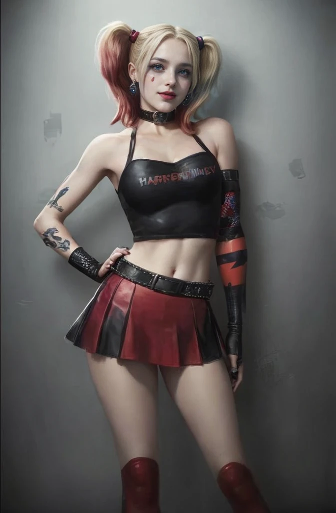 HarleyQuinn, light blue eyes, (best quality,ultra-detailed),(Realistic:1.37), beautiful and detailed face, Ultra-realistic texture, delicate face, athletic body, vivid colors. High definition, 8K. cute smile expression