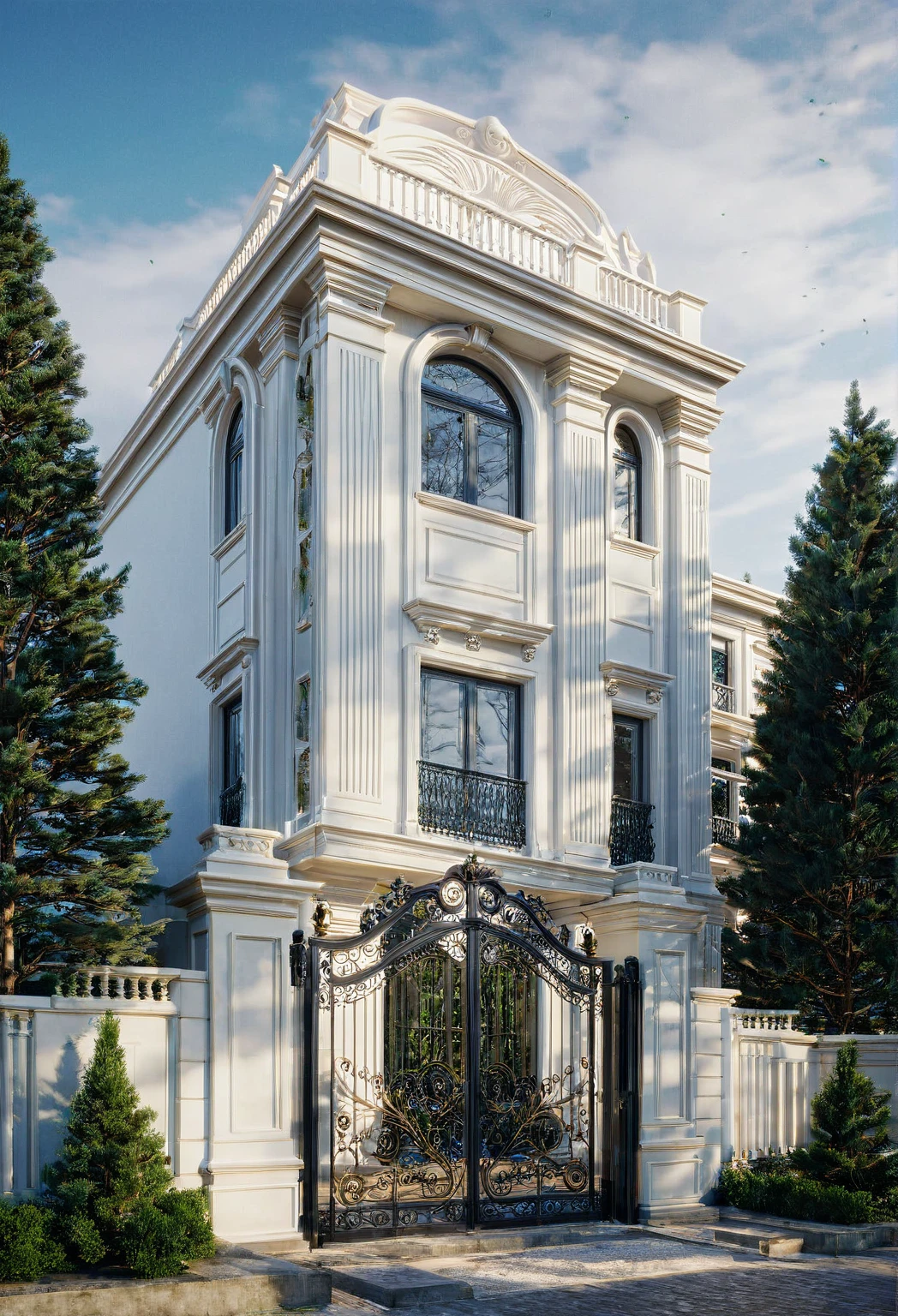 RAW photo, masterpiece, arafed house with a car parked in front of it, neo - classical style, rendered in lumion pro, classicism style, classicism artstyle, lumion render, rendered in lumion, architectural visualization, neoclassical style, in style of classicism, white light sun, rendered in vray, rendered in v-ray, rendered in unreal engine 3d, (photorealistic:1.2), best quality, ultra high res, exterior, architechture,modern house,(white wall:1.5), (detail gate black:1.4), (photorealistic:1.5), best quality, ultra high res, exterior,architechture,neoclassic house,(white wall:1.2), (detailed reliefs:1.2), (The front 1st floor has 4 windows), (the right side 1st floor has 4 windows), (the main side has three-step stairs), (the right side has three-step stairs) ,glass windows,,trees,traffic road, blue sky,in the style of realistic hyper-detailed rendering, luxury neoclassical villa, in the style of neoclassical scene, glass windows, (white navy roof:1.2), best quality, (straight strokedetail:1.1) roof top, (Intricate lines:1.5), ((Photorealism:1.5)),(((hyper detail:1.5))), archdaily, award winning design, (dynamic light:1.3), (night light:1.2), (perfect light:1.3), (shimering light :1.4),  refection glass windows, (curved line architecture arch:1.2), trees, beautiful sky, photorealistic, FKAA, TXAA, RTX, SSAO, Post Processing, Post-Production, CGI, VFX, SFX, Full color,((Unreal Engine 5)), Canon EOS R5 Camera + Lens RF 45MP full-frame CMOS sensor, HDR, Realistic,8k,((Unreal Engine 5)), Cinematic intricate detail, extreme detail, science, hyper-detail, FKAA, super detail, super realistic, crazy detail, intricate detail, nice color grading, reflected light on glass, eye-catching wall lights, unreal engine 5, octane render, cinematic, trending on artstation, High-fidelity, Viwvid, Crisp, Sharp, Bright, Stunning, ((Lifelike)), Natural, ((Eye-catching)), Illuminating, Flawless, High-quality,Sharp edge rendering, medium soft lighting, photographic render, detailed archviz