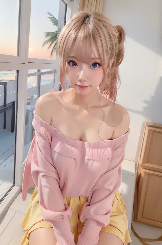 Pink off shoulder sweater , loving expression, blushing, blue eyes, sunset, big breast, off shoulder, cleavage, beautiful asian young girl, attractive pose, asian girl, best quality, masterpiece, high_res, 1girl, hair ornament, upon body, tyndall effect, photo realistic, rim lighting, two tone lighting, (high detailed skin:1.2), 8k uhd, dslr, soft lighting, high quality, volumetric lighting, candid, Photograph, high resolution, 4k, 8k, blonde hair, beach side, yellow eyes, side ponytail, huge breast