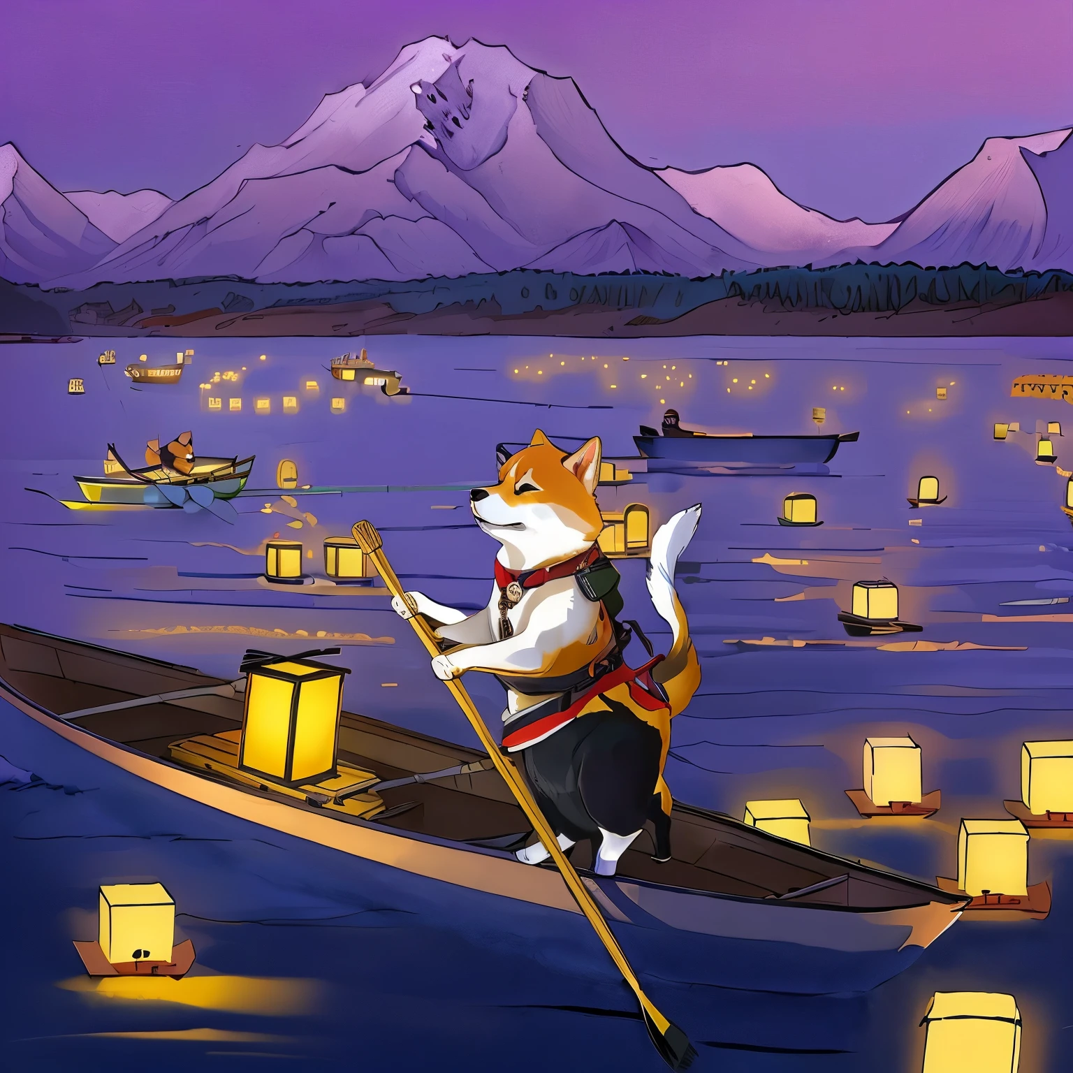 Cartoon Shiba Inu rowing a boat,Lanterns float on the water, Miyazaki's style, Inspired by Hiroyuki Isoda, Inspired by Hayao Miyazaki, Inspired by Hayao Miyazaki, Floating Chinese satire, Inspired by José, guardian of the holy lake, Inspired by Utagawa Hiroshige II