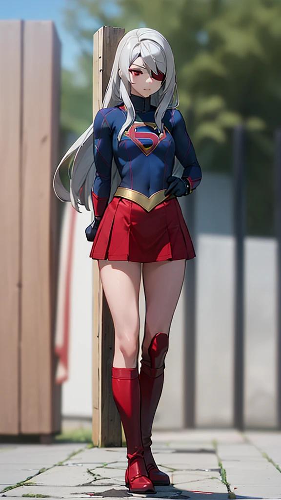 (full body), (masterpiece:1.2), (Highest_quality:1.2), (Ultra_detailed:1.3), 8k,Low - Angle，From below，Big Butt Girl, Medium chest, Pose in front,Bare legs，Long boots in red，3D Rendering,( Supergirl)，laura bodewig, long hair, (red eyes:1.3), grey hair, eyepatch,Red Skirt，the skirt is short,，A blue leotard is visible under the skirt.，The skirt is blown up by the wind，Red Cape，Gloves，Simple Background，White Background，(standing by wooden pole)