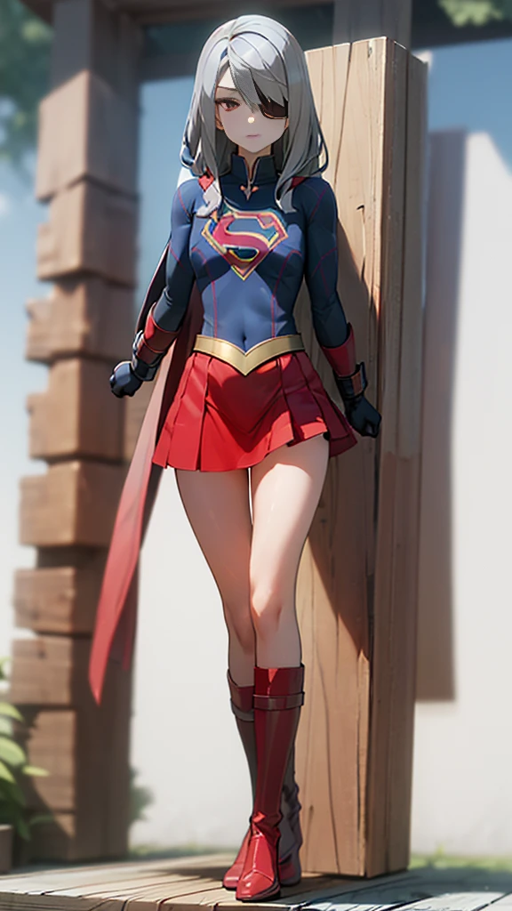 (full body), (masterpiece:1.2), (Highest_quality:1.2), (Ultra_detailed:1.3), 8k,Low - Angle，From below，Big Butt Girl, Medium chest, Pose in front,Bare legs，Long boots in red，3D Rendering,( Supergirl)，laura bodewig, long hair, (red eyes:1.3), grey hair, eyepatch,Red Skirt，the skirt is short,，A blue leotard is visible under the skirt.，The skirt is blown up by the wind，Red Cape，Gloves，Simple Background，White Background，(standing by wooden pole)