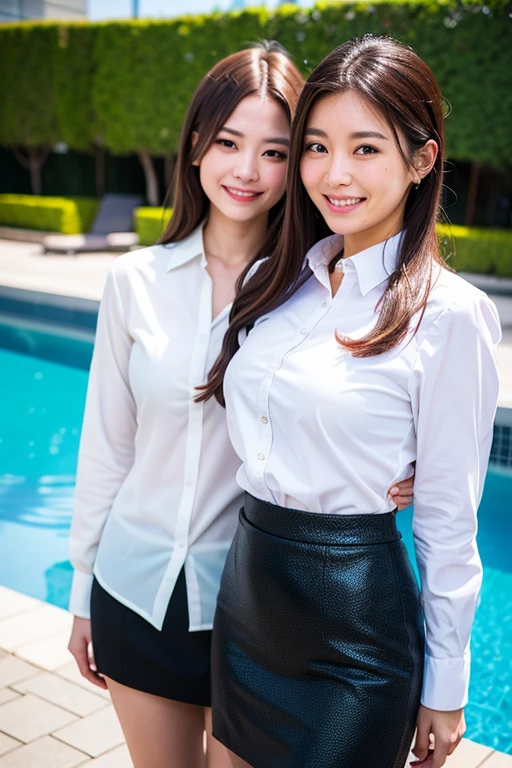 two beautiful women, japanese office lady, White long sleeve shirt and black tight skirt, smile at us, pool side background, whole body, Amazing detailed face, masterpiece, very detailed, very detailed, real photo