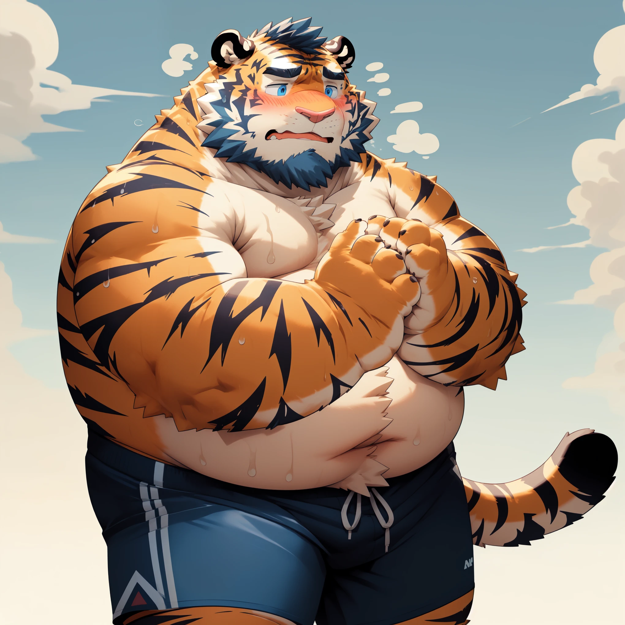 New Jersey 5 Furry,Tiger,Solitary,Chubby,Fat,Thick arms,Rugged muscles,shorts,orange Plush fur,Chubby Face,Black eyebrows,Sky blue eyes,Beard,(topless,shorts),(blush),(Sweating),Pinching face with both hands,Chin on both hands