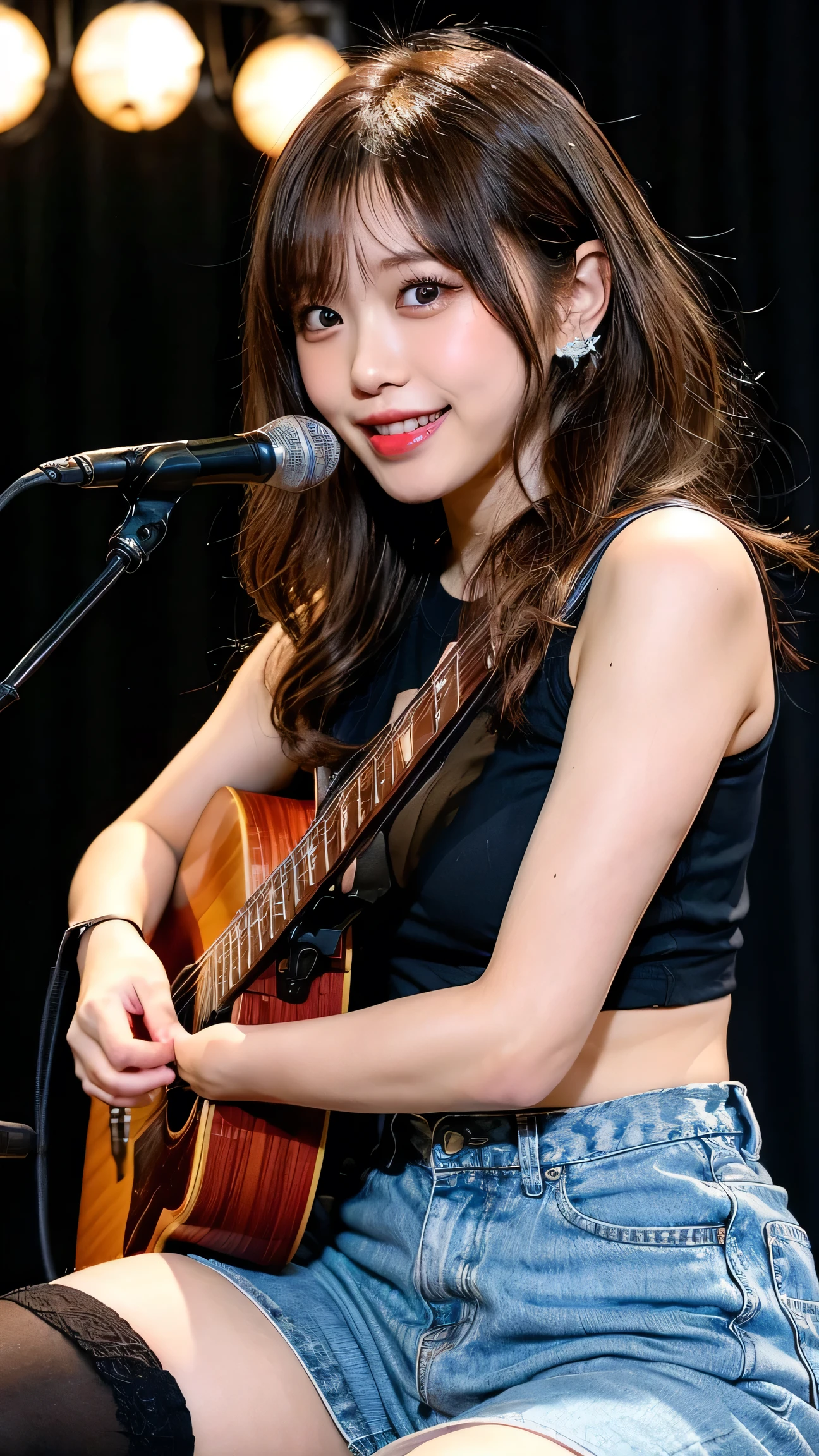 Tabletop, highest quality, shape, Very detailed, finely, High resolution, 8k wallpaper, Perfect dynamic composition, Finely beautiful eyes, T-Shirts,denim,((Knee socks)),Medium Hair,Natural color lip, 21 years old、cute、F Cup、Brown Hair、Band Stage,Earrings,(Wavy Hair),,Big Breasts,Playing guitar,Sweating,Singing a song,Sweating on thighs,smile