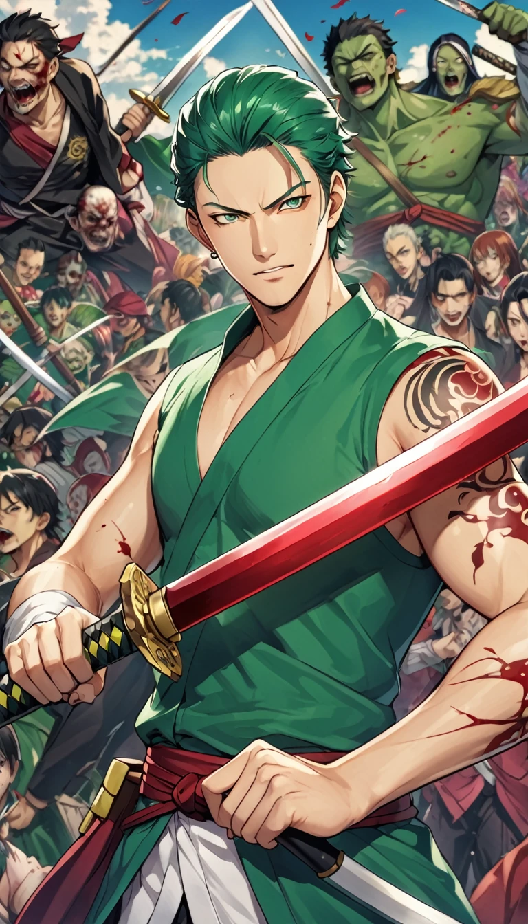 もっとa close-up of a person wielding a sword in front of a horde of zombies, roronoa zoro, stunning anime 8k, 4k manga wallpaper, the ultimate anime 4k konachan wallpaper, grandiose anime artwork, handsome characters from demon slayer, demon slayer art style, anime art wallpaper 4k, anime art wallpaper 4k, anime wallpaper 4k楽しいシャツ, Vibrant colors, red, yellow, green