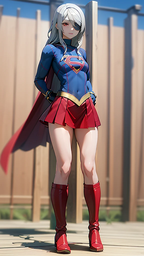 (full body), (masterpiece:1.2), (Highest_quality:1.2), (Ultra_detailed:1.3), 8k,Low - Angle，From below，Big Butt Girl, Medium chest, Bare legs，Long boots in red，3D Rendering,( Supergirl)，laura bodewig, long hair, (red eyes:1.3), grey hair, eyepatch,Red Skirt，the skirt is short,，A blue leotard is visible under the skirt.，The skirt is blown up by the wind，Red Cape，Gloves，Simple Background，White Background，(standing by wooden pole)