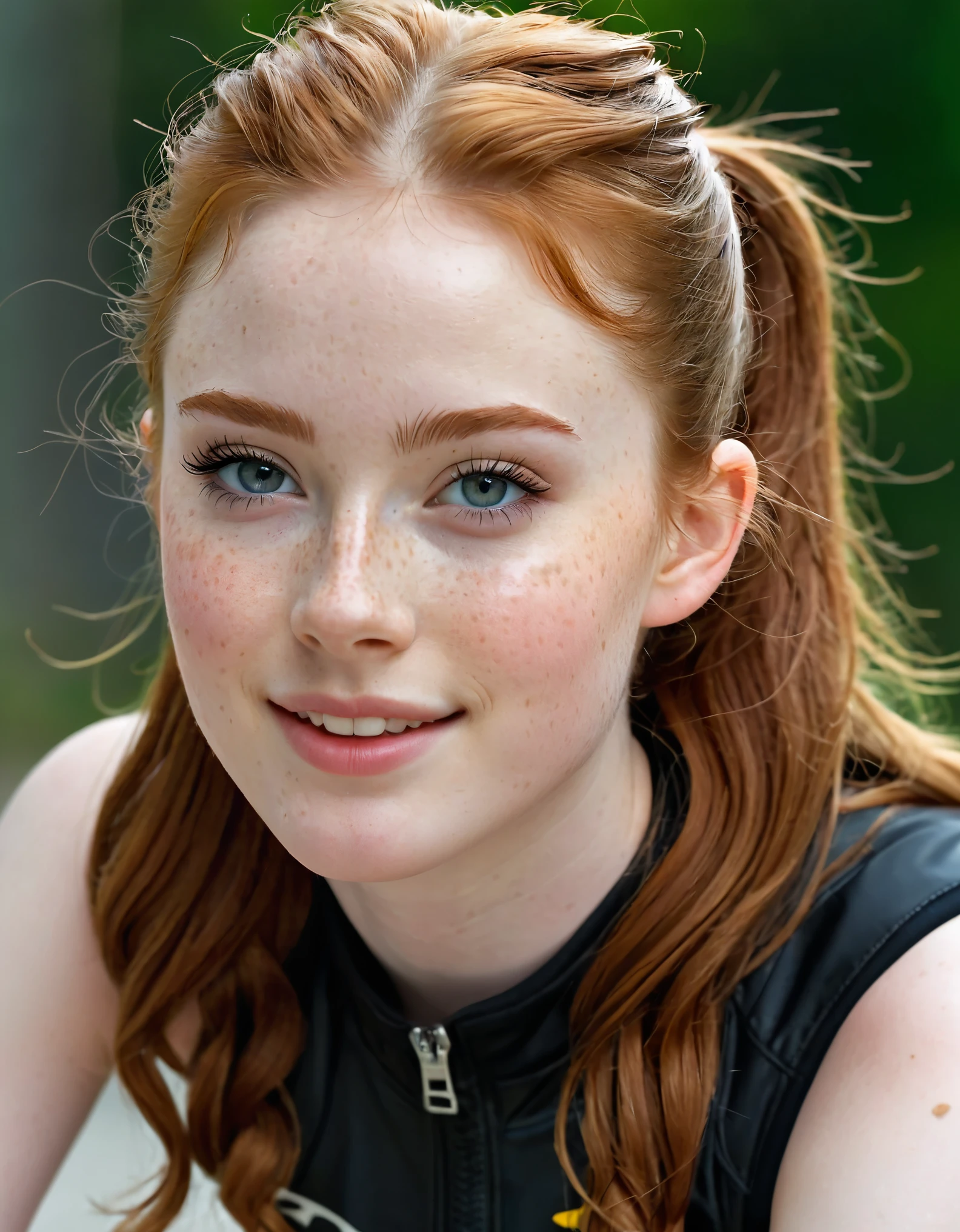 photography half body portrait of very beautiful realistic girl, riding sport bike, -yeld, polain skin, very fair skin, very pale skin, redhead, wavy, ponytail, detail freckles skin, hazel eyes, slanted eyes, small nose, small nostril, thick curved eyebrow, thick bottom lip, seductive gaze, happy face, unique face, wear jacket, detail photo, realistic photo, master piece picture, sharp picture, outdoor clear daylight